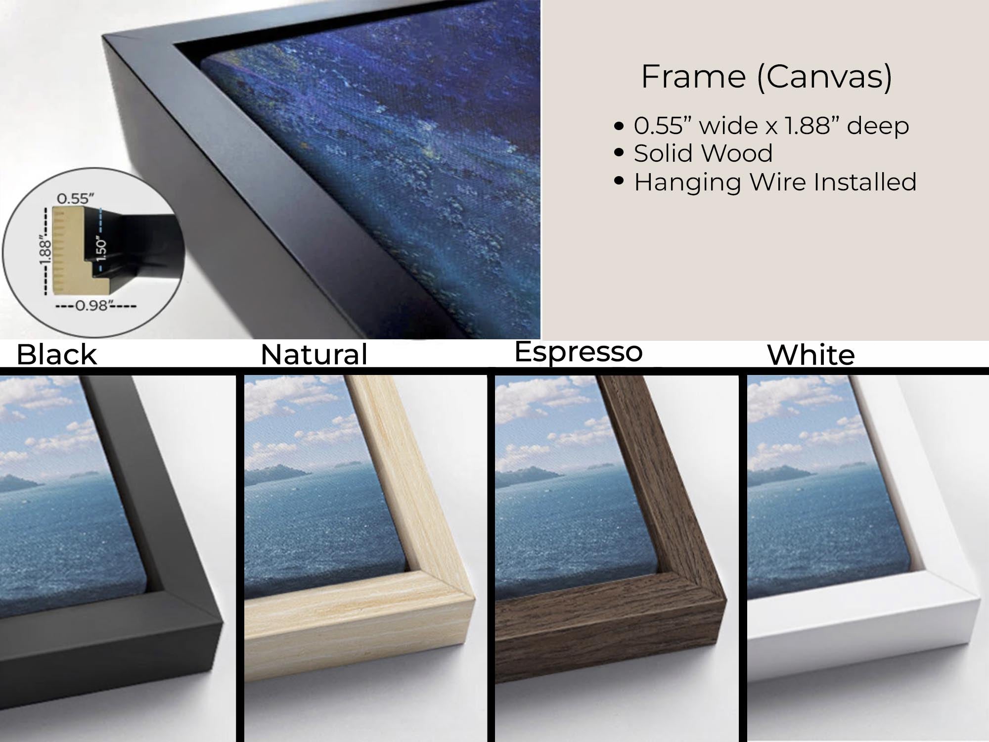 Canvas picture frame product graphic showing a close-up of a black frame, text listing frame specs, and four color options labeled Black, Natural, Espresso, and White