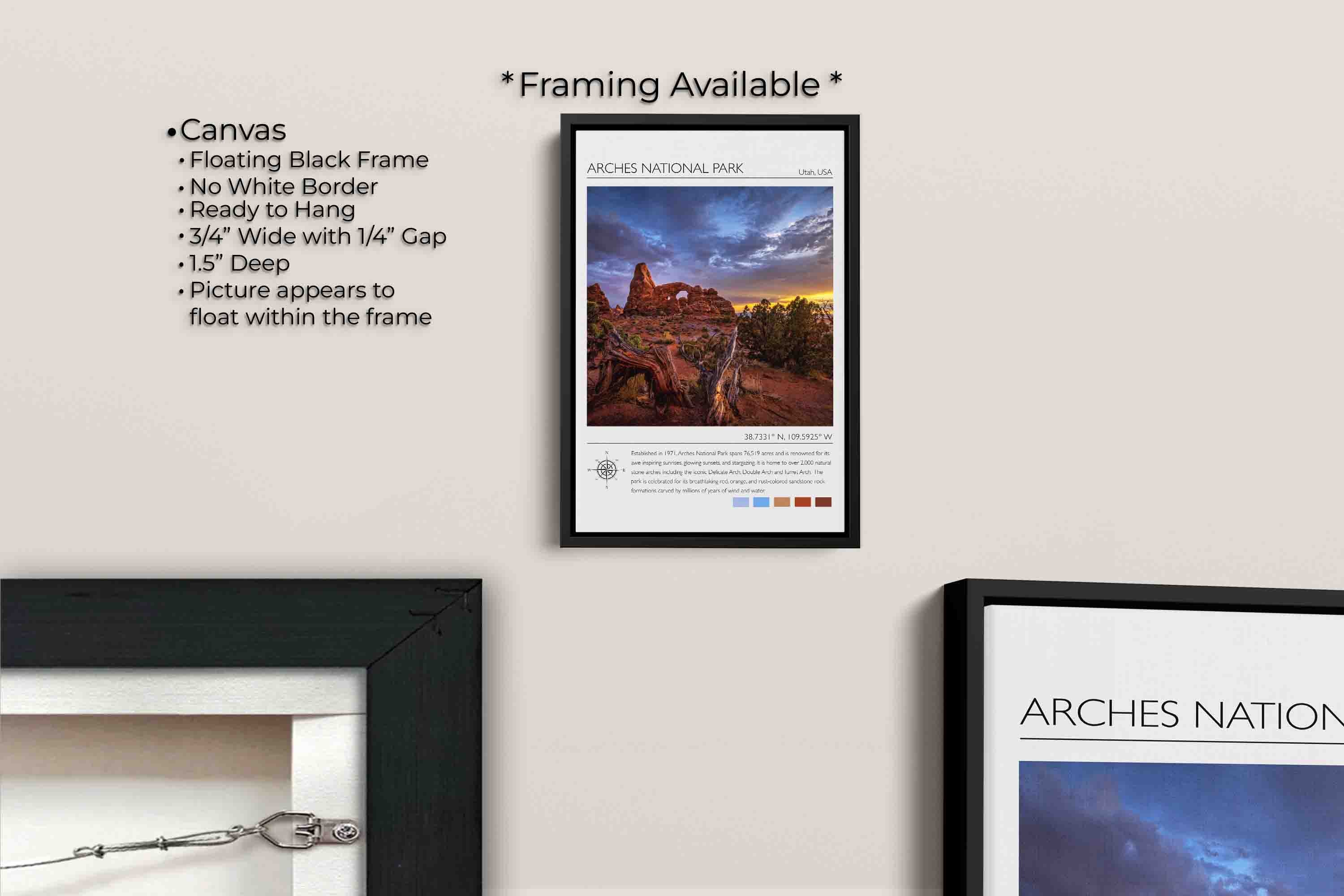 Arches National Park travel poster featuring Turret arch at sunset photograph and photo inspired color palette canvas wall art in black float frame, canvas framing option details