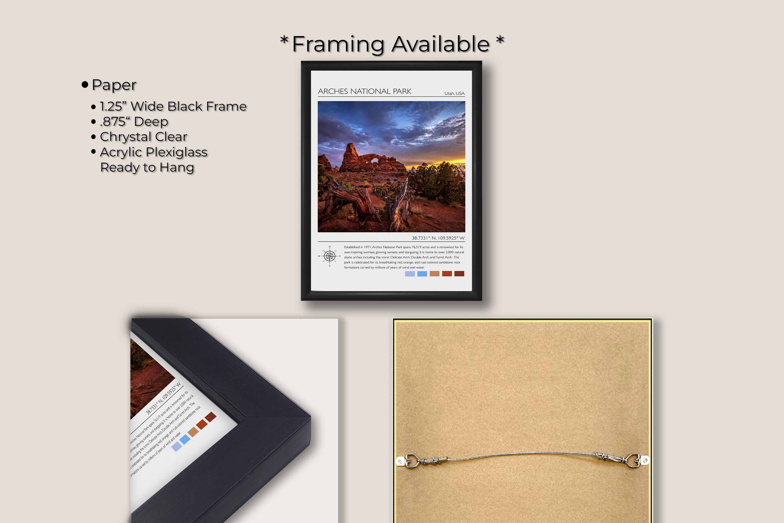 Arches National Park travel poster featuring Turret arch at sunset photograph and photo inspired color palette in black frame, paper and framing option details