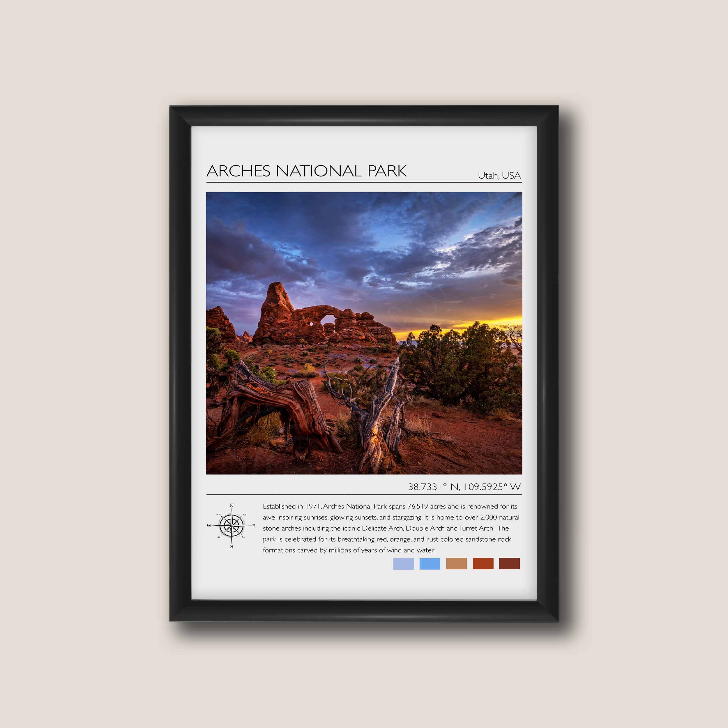 Arches National Park travel poster featuring Turret arch at sunset photograph and photo inspired color palette