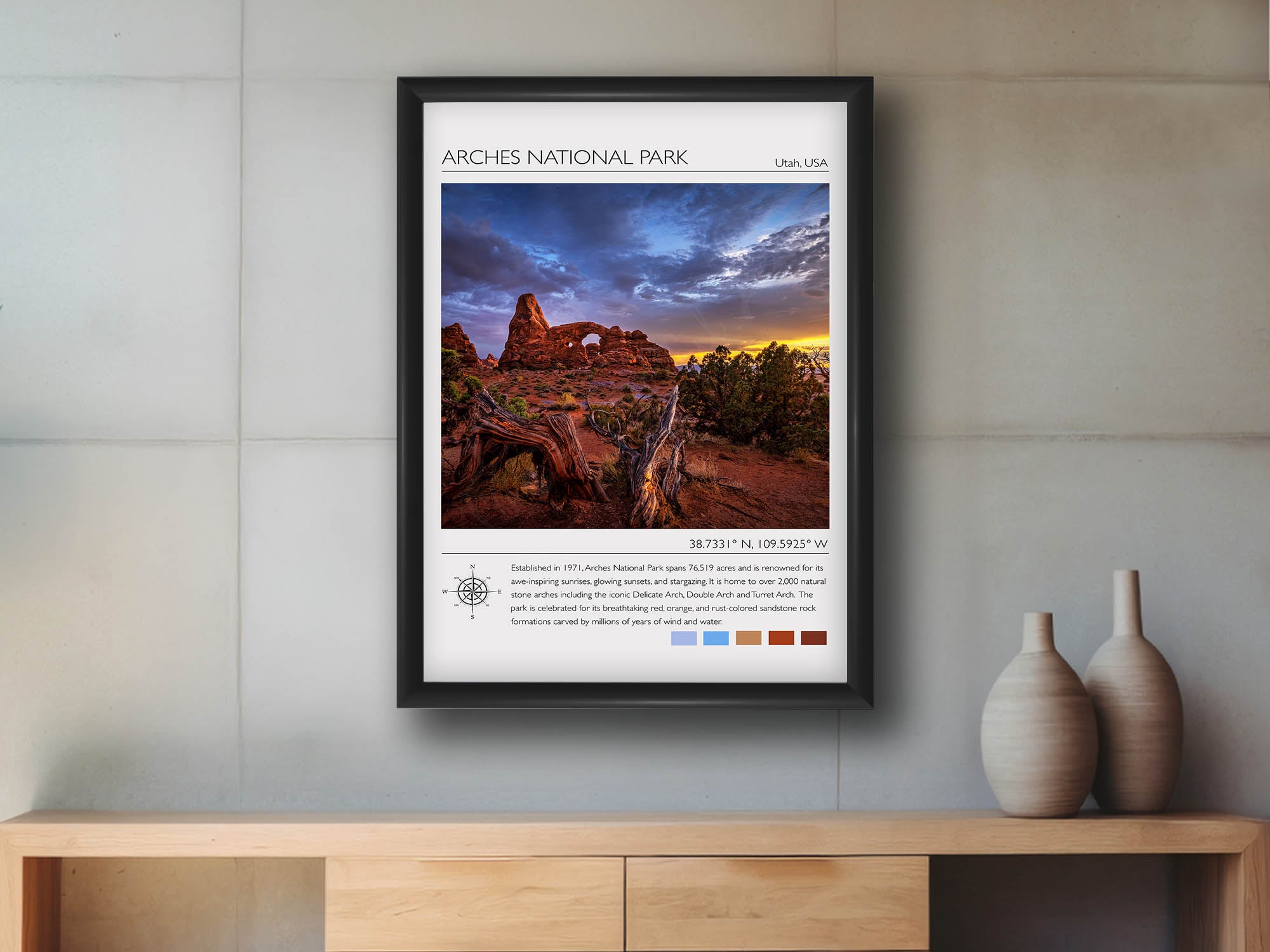 Arches National Park travel poster featuring Turret arch at sunset photograph and photo inspired color palette in black frame styled above a wooden console in a bright entryway