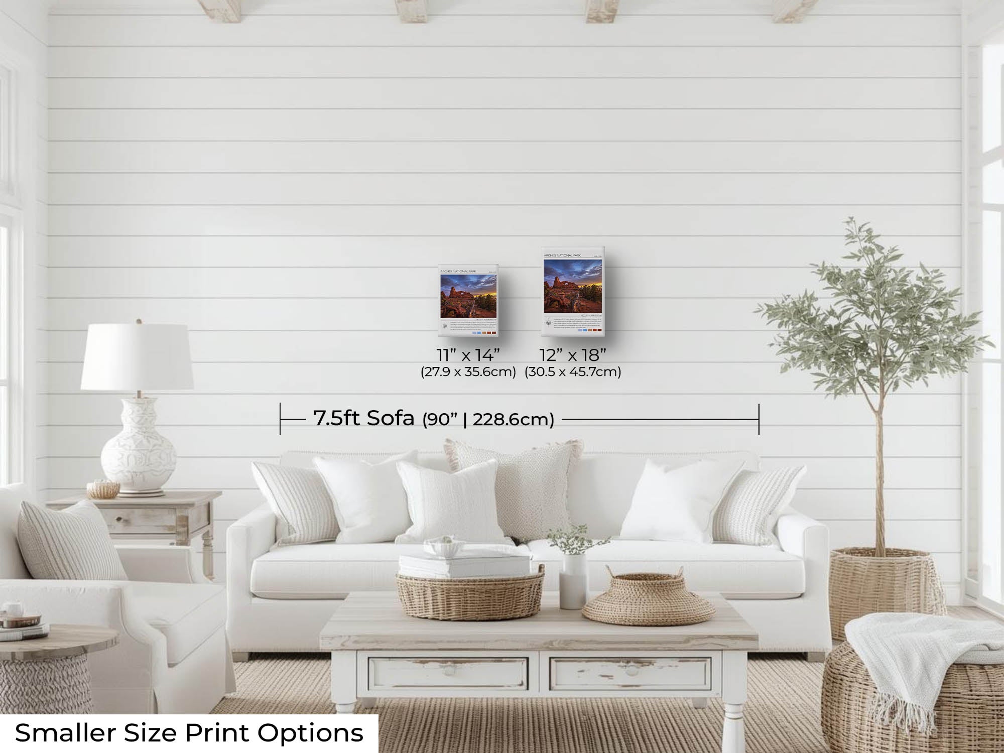 Arches National Park travel poster featuring Turret arch at sunset photograph and photo inspired color palette wall art size mockup showing 11x14 and 12x18 inch prints above a seven and a half foot sofa 