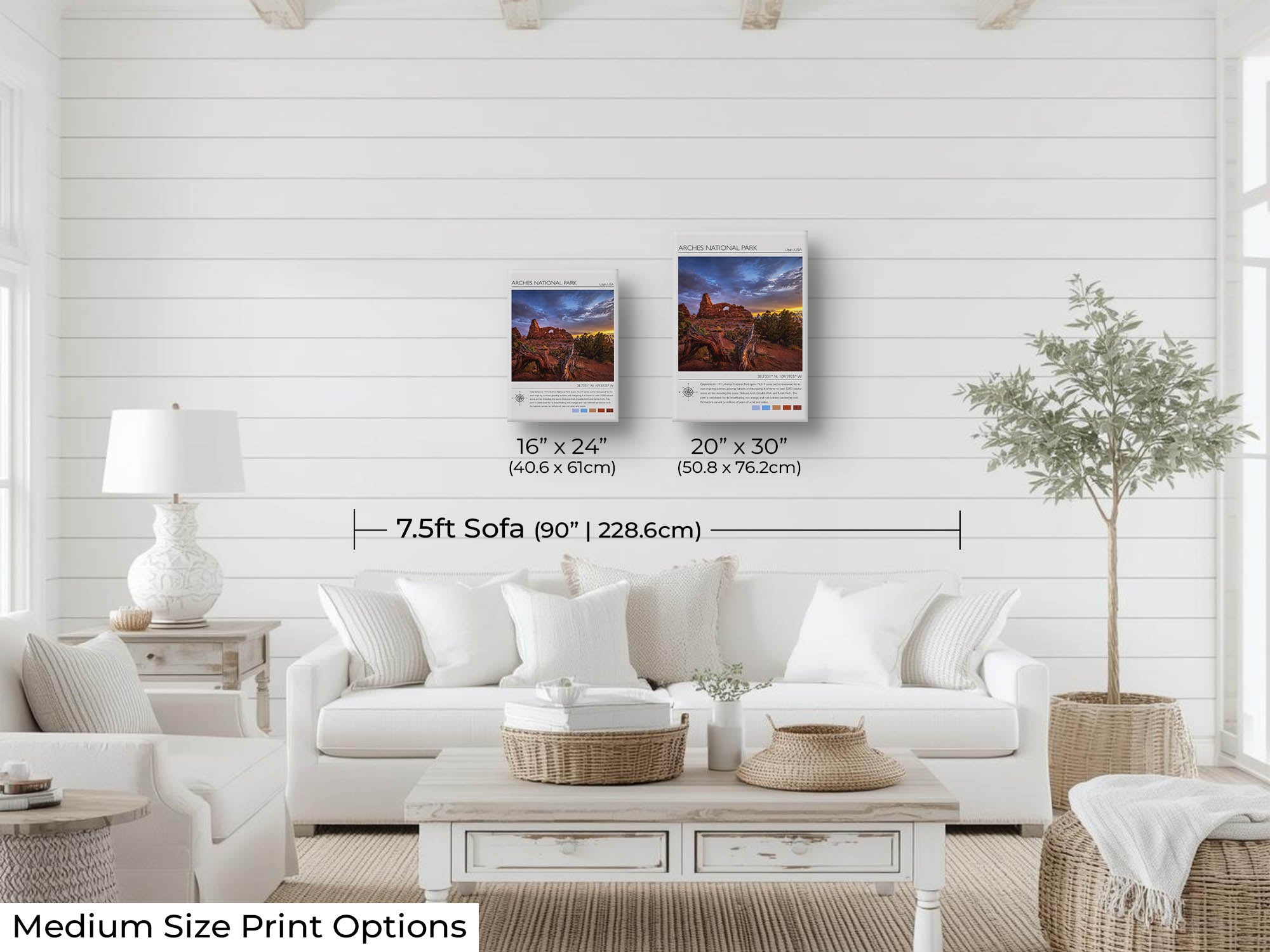 Arches National Park travel poster featuring Turret arch at sunset photograph and photo inspired color palette wall art size mockup showing 16x24 and 20x30 inch prints above a seven and a half foot sofa 