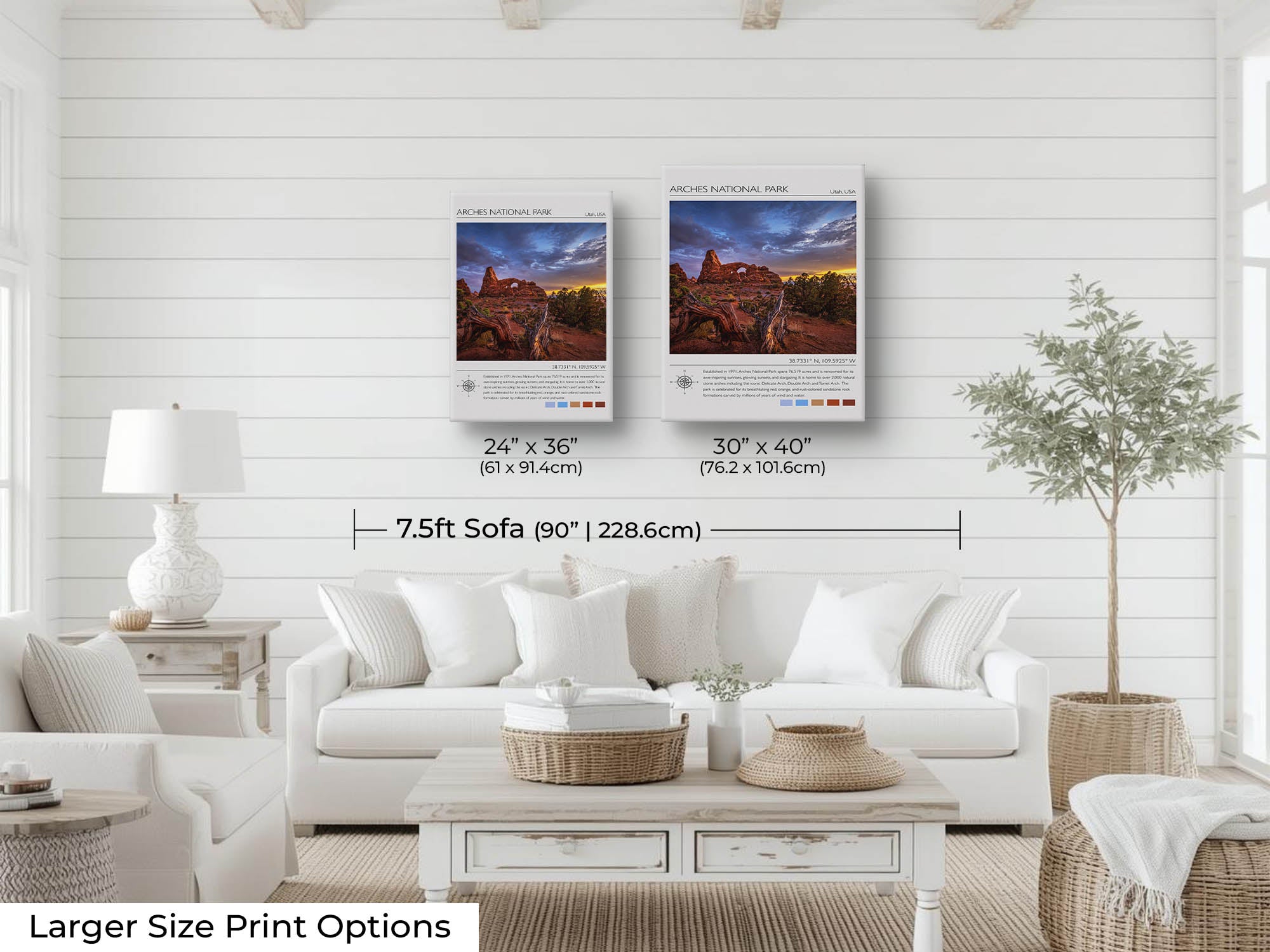 Arches National Park travel poster featuring Turret arch at sunset photograph and photo inspired color palette wall art size mockup showing 24x36 and 30x40 inch prints above a seven and a half foot sofa 