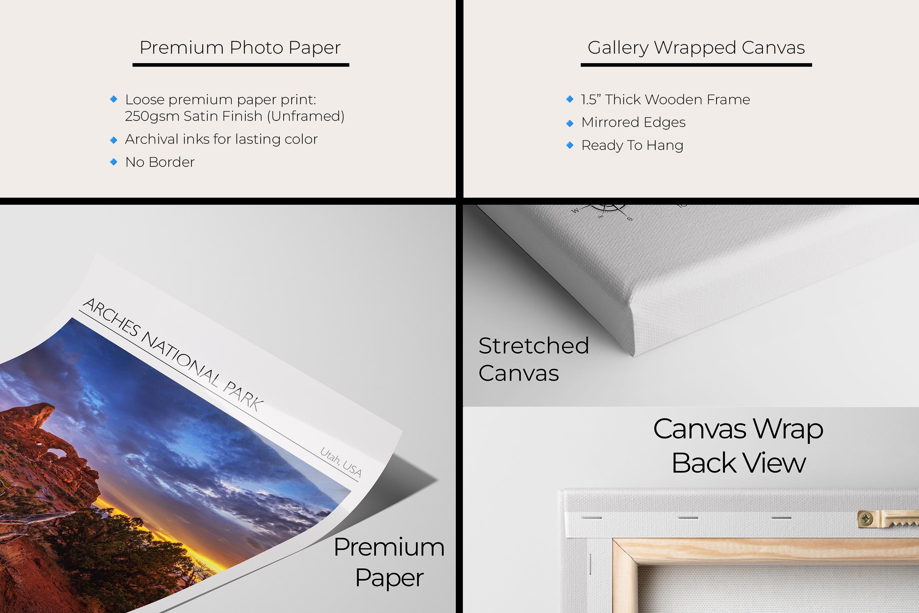 Arches National Park travel poster featuring Turret arch at sunset photograph and photo inspired color palette artwork materials mockup showing premium photo paper and gallery wrapped canvas close up