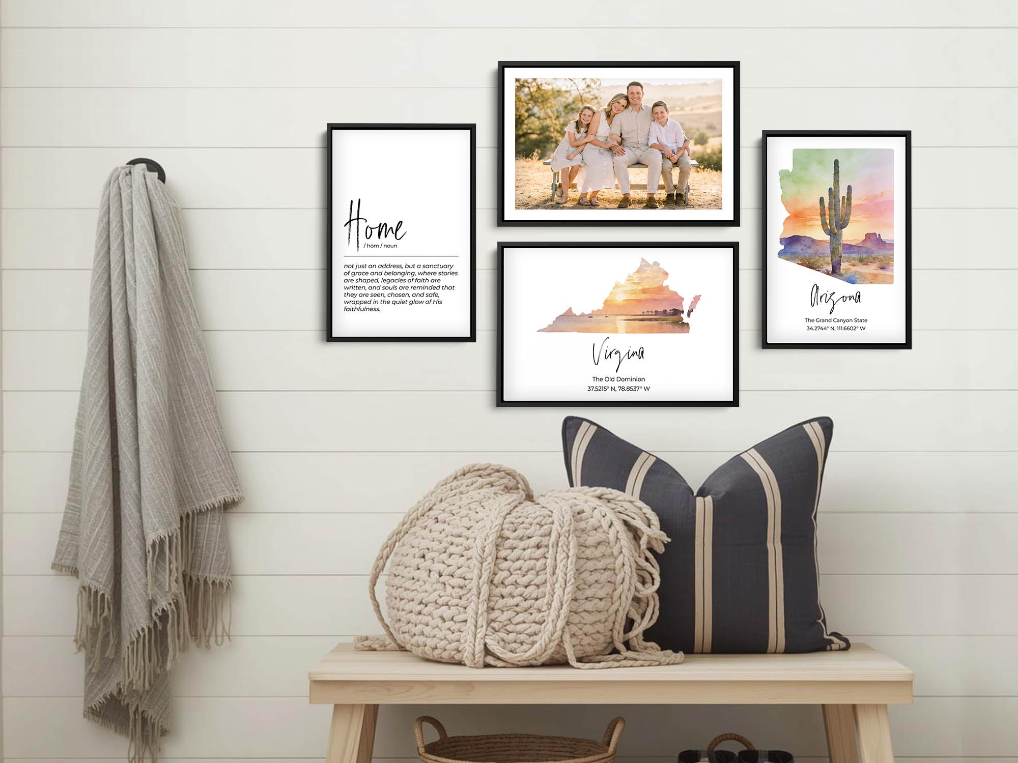 Arizona watercolor state map with cactus sunset wall art print styled in a family gallery wall
