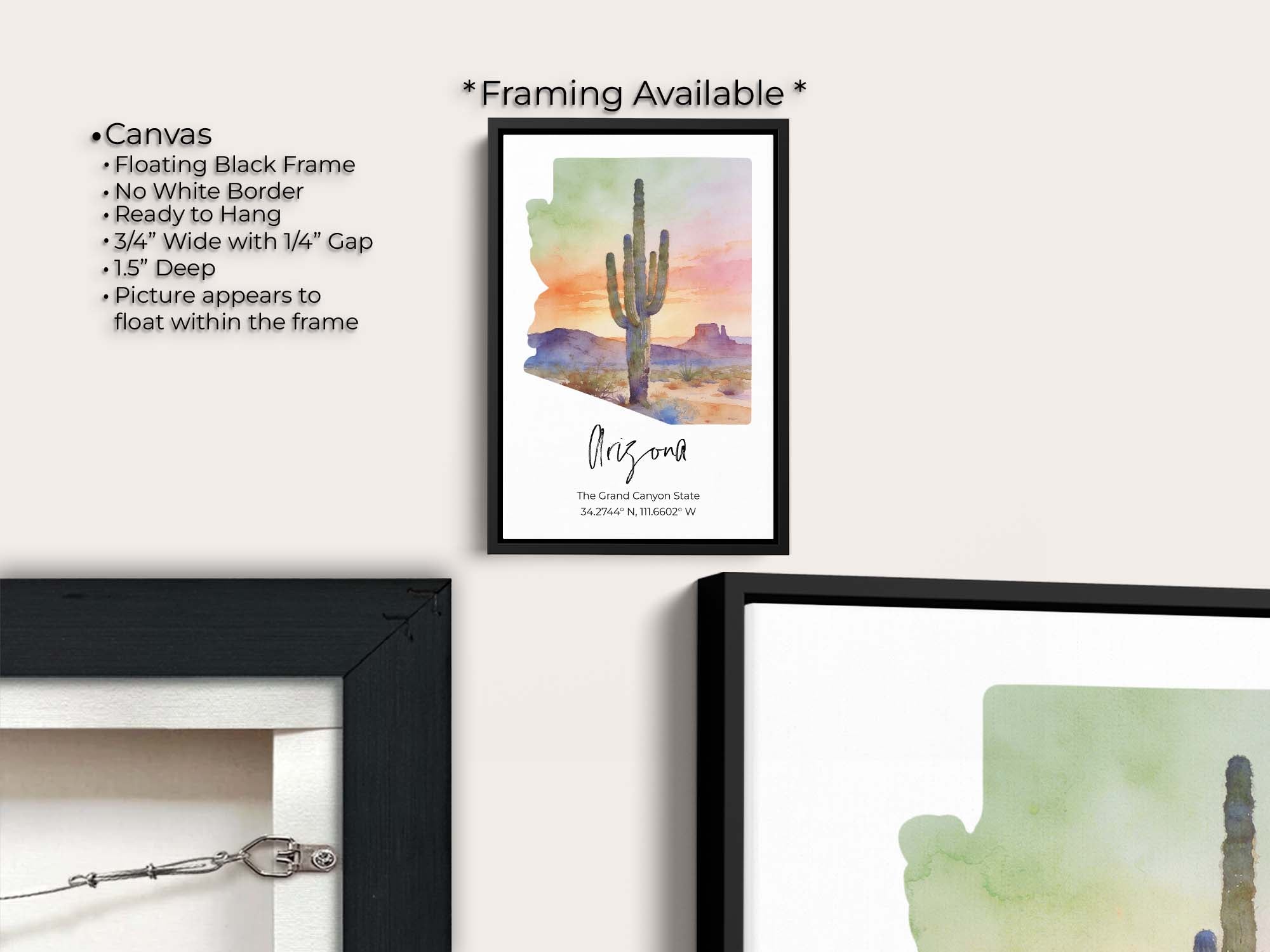 Arizona watercolor state map with cactus sunset wall art print canvas wall art in black float frame, canvas framing option details
