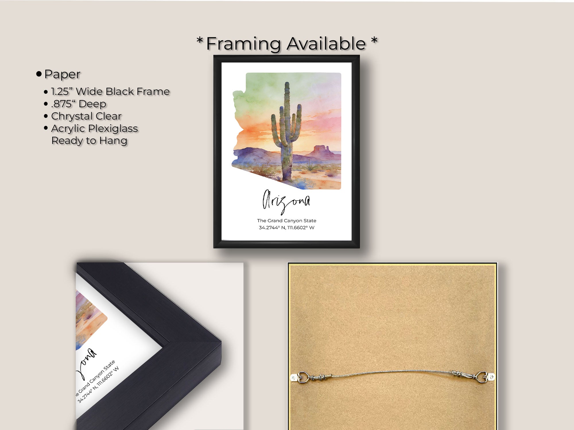 Arizona watercolor state map with cactus sunset wall art print in black frame, paper and framing option details