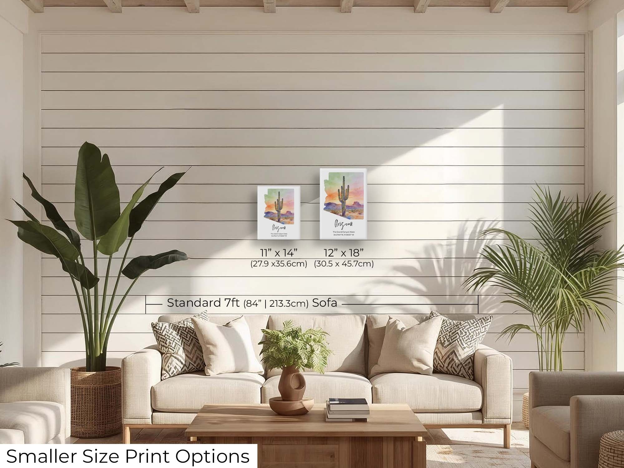 Arizona watercolor state map with cactus sunset wall art print wall art size mockup showing 11x14 and 12x18 inch prints above a seven foot sofa 