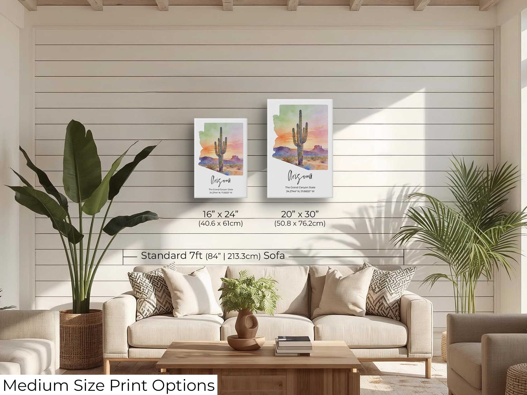 Arizona watercolor state map with cactus sunset wall art print wall art size mockup showing 16x24 and 20x30 inch prints above a seven foot sofa 