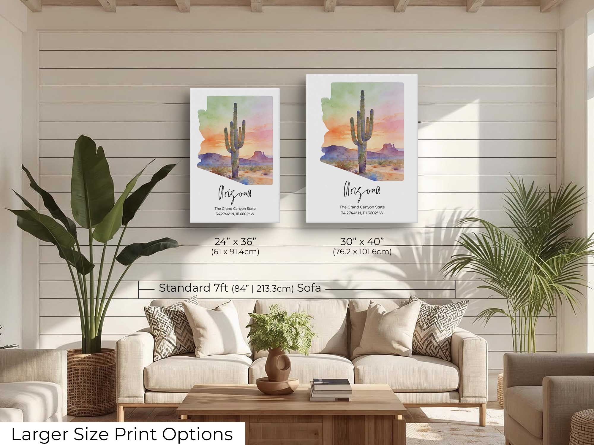 Arizona watercolor state map with cactus sunset wall art print wall art size mockup showing 24x36 and 30x40 inch prints above a seven foot sofa 