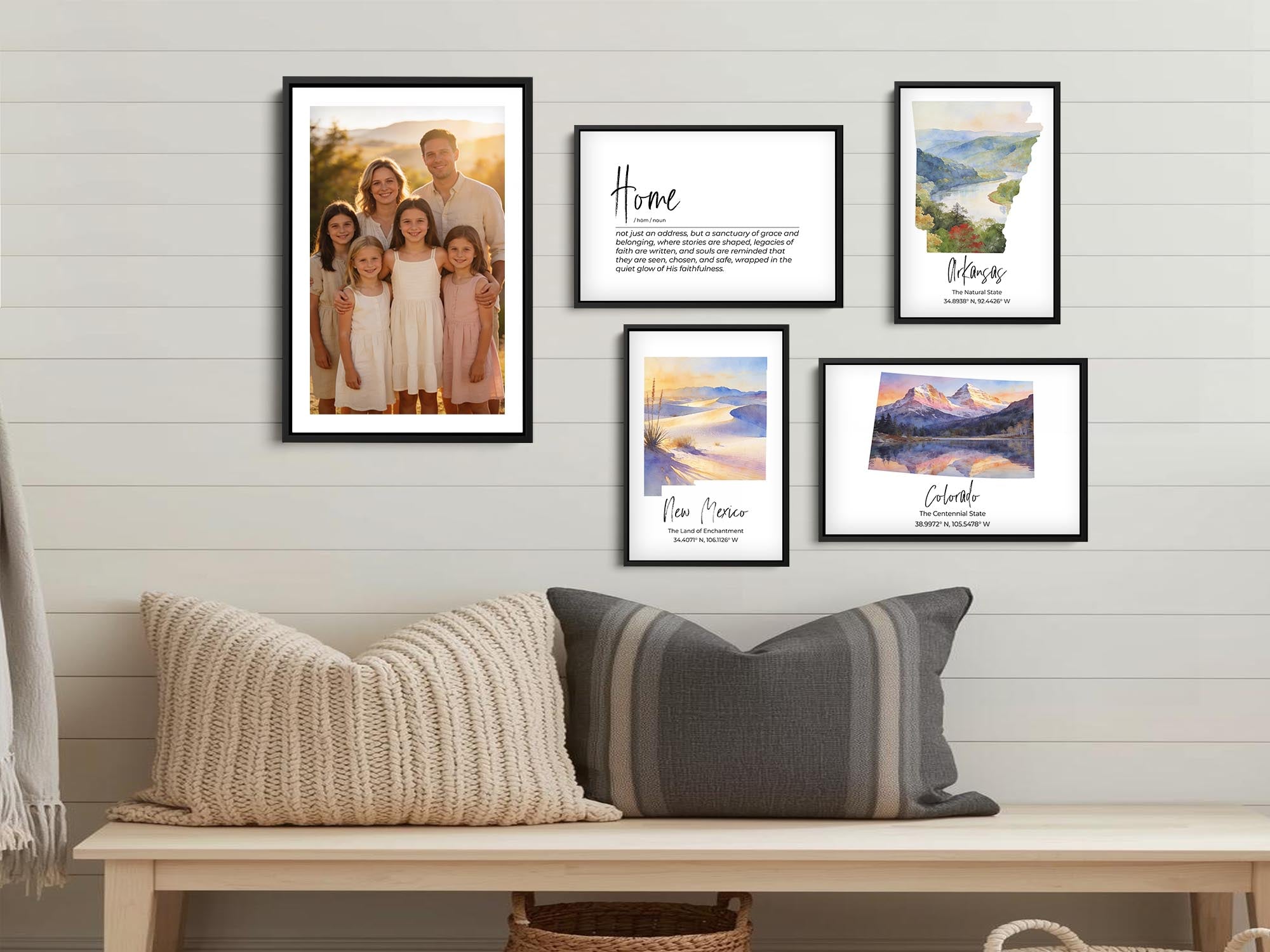 Arkansas watercolor state map with Ozarks wall art print styled in a family gallery wall
