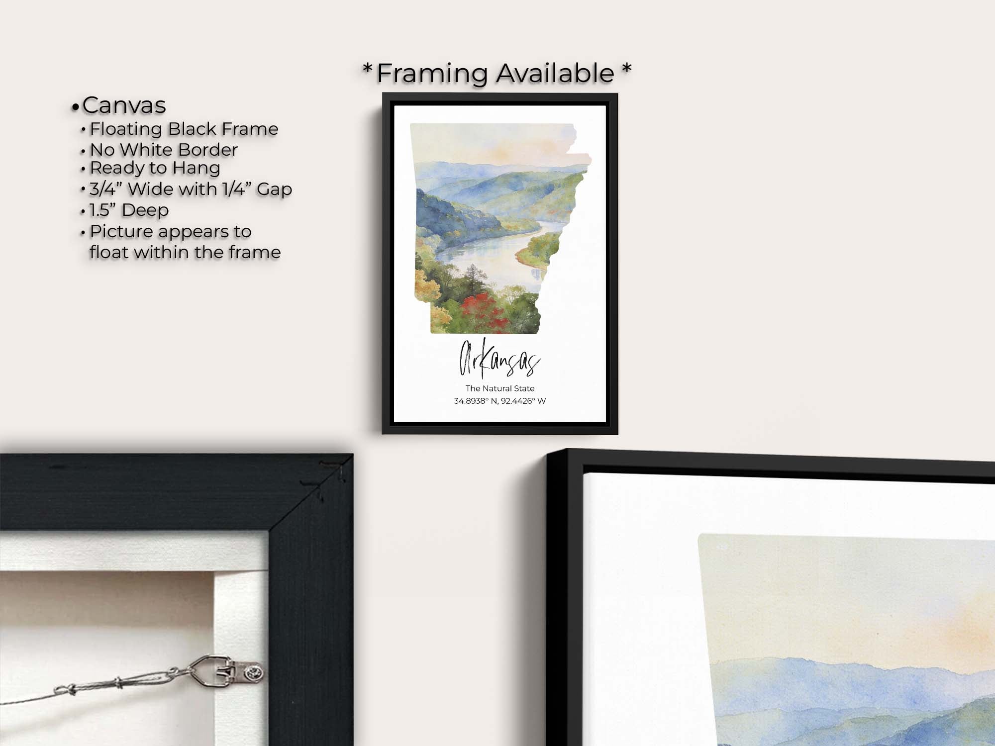 Arkansas watercolor state map with Ozarks wall art print canvas wall art in black float frame, canvas framing option detail