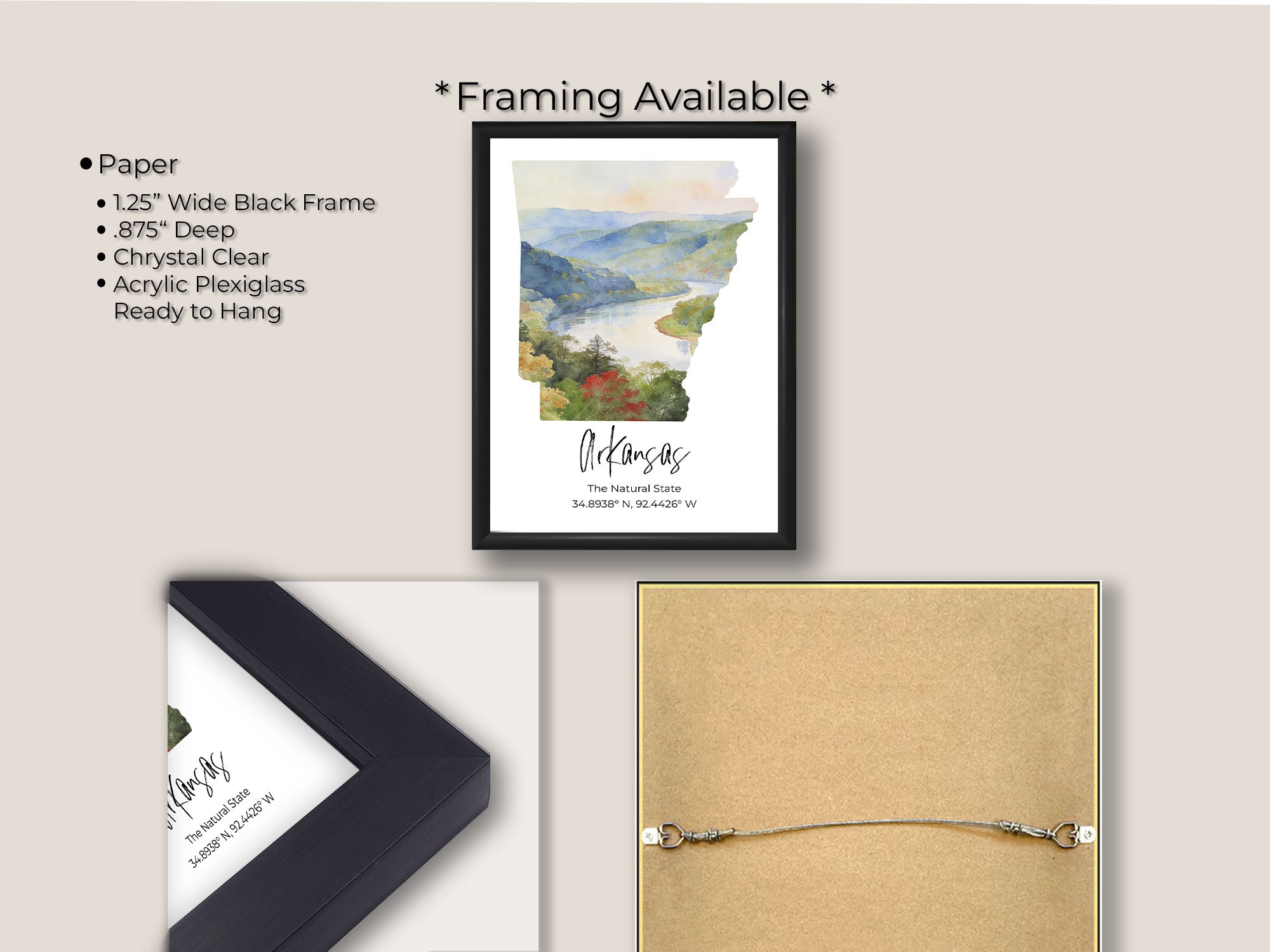Arkansas watercolor state map with Ozarks wall art print in black frame, paper and framing option details