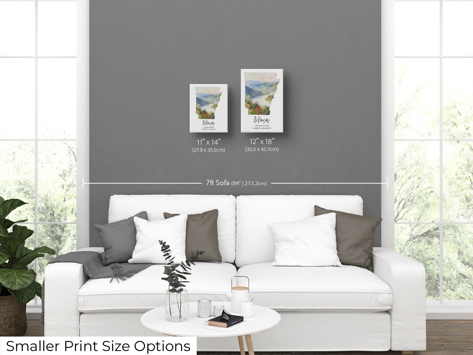 Arkansas watercolor state map with Ozarks wall art print wall art size mockup showing 11x14 and 12x18 inch prints above a seven foot sofa 