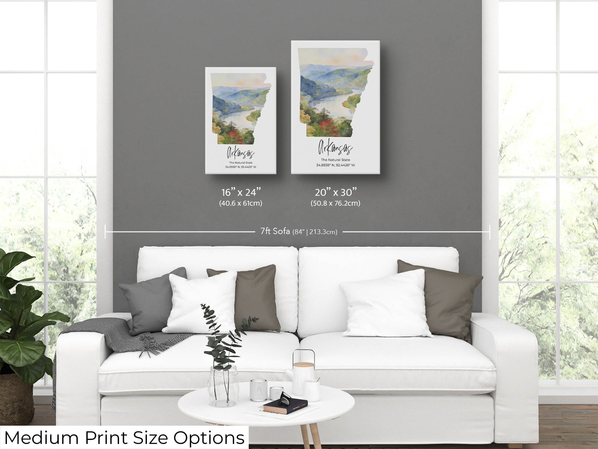 Arkansas watercolor state map with Ozarks wall art print wall art size mockup showing 16x24 and 20x30 inch prints above a seven foot sofa 