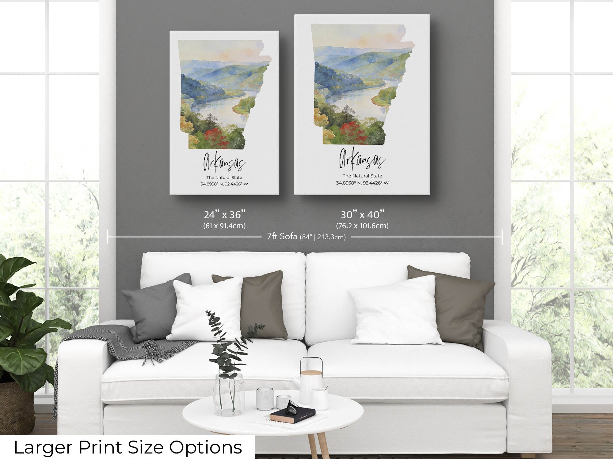 Arkansas watercolor state map with Ozarks wall art print wall art size mockup showing 24x36 and 30x40 inch prints above a seven foot sofa 
