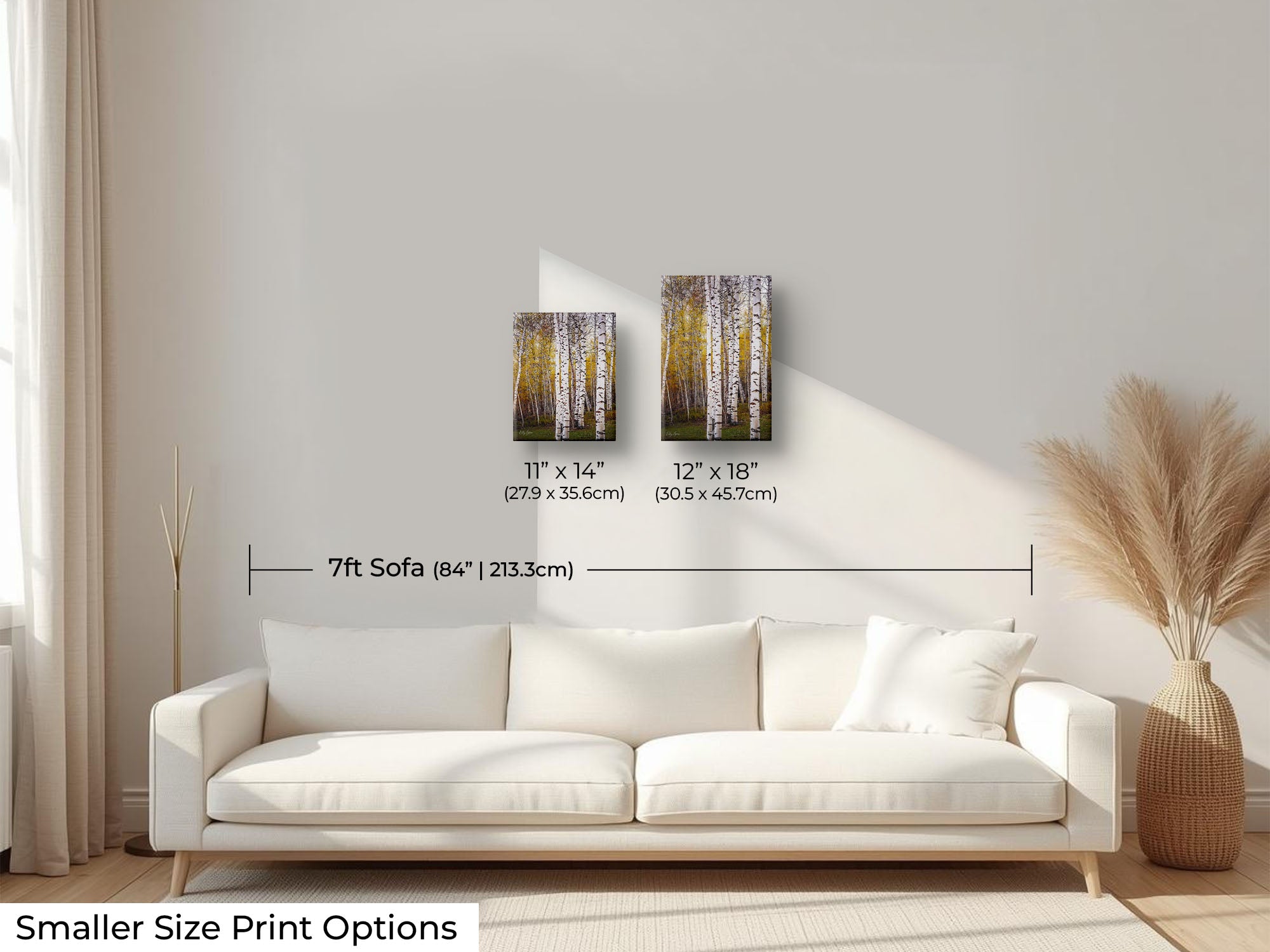 Aspen tree grove in the fall fine art print wall art size mockup showing 11x14 and 12x18 inch prints above a seven foot sofa 