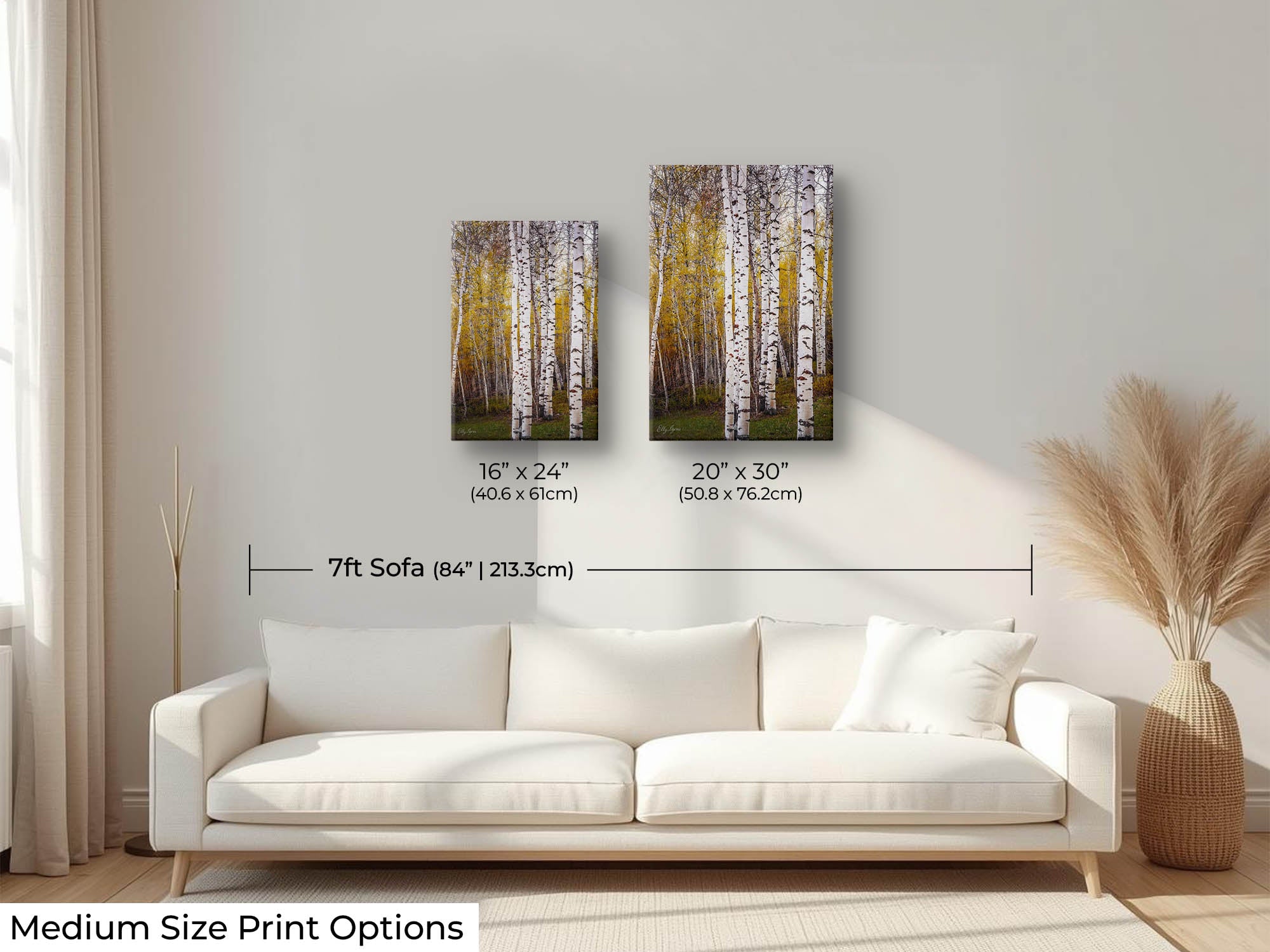Aspen tree grove in the fall fine art print wall art size mockup showing 16x24 and 20x30 inch prints above a seven foot sofa 