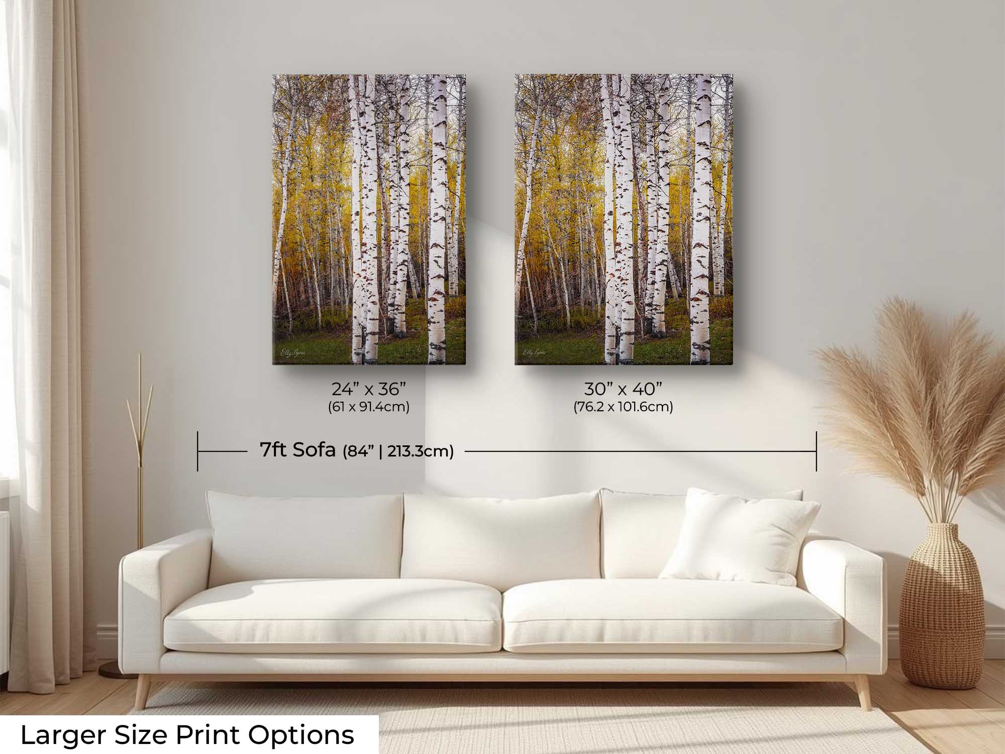 Aspen tree grove in the fall fine art print wall art size mockup showing 24x36 and 30x40 inch prints above a seven foot sofa 