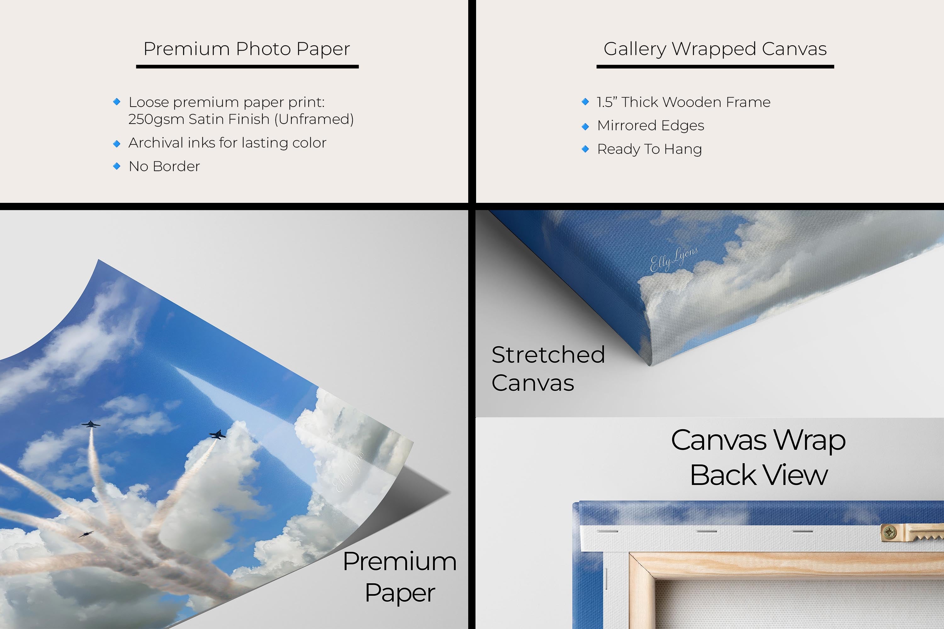 Blue Angels jets delta burst fine art print artwork materials mockup showing premium photo paper and gallery wrapped canvas close up