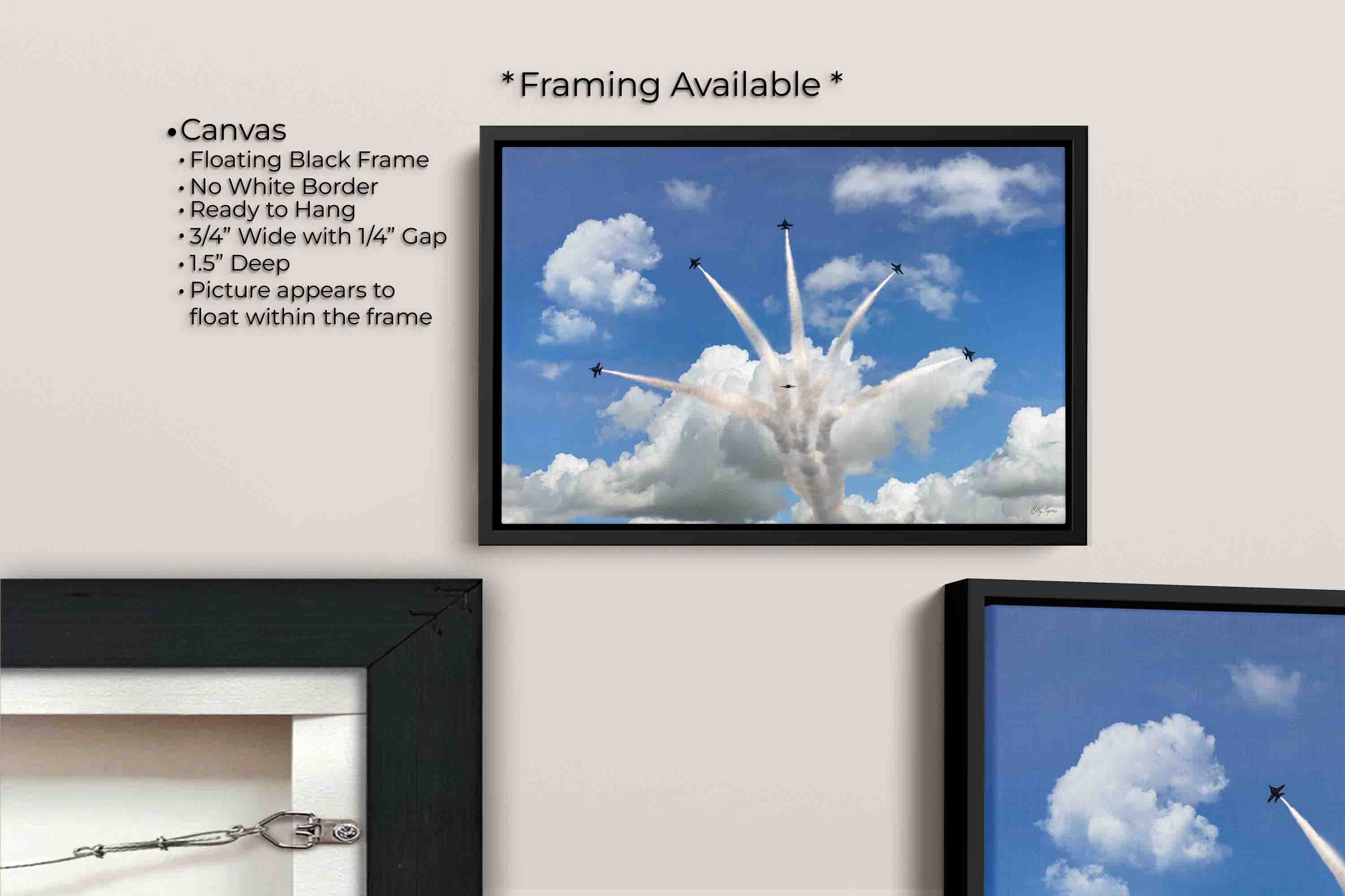 Blue Angels jets delta burst fine art print canvas wall art in black float frame, canvas framing option details