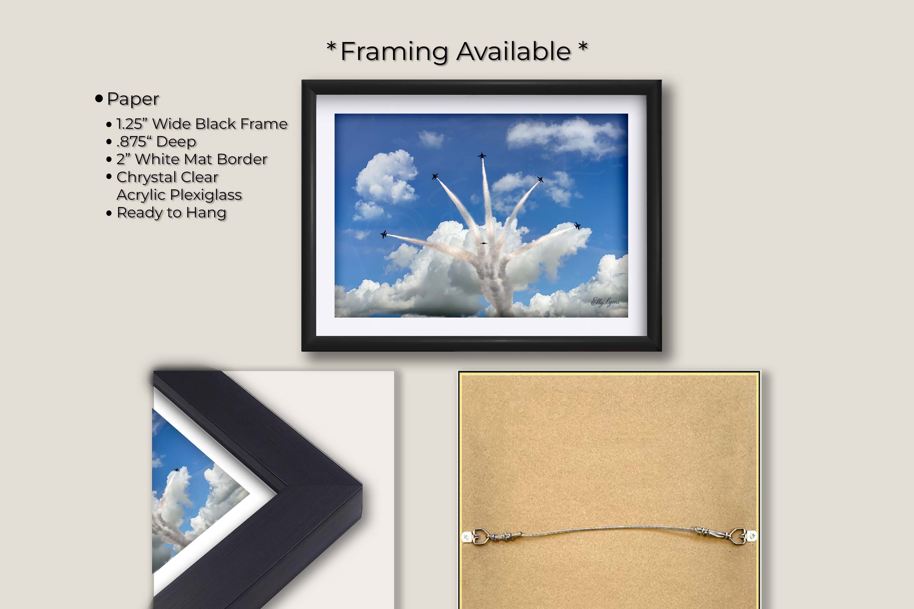 Blue Angels jets delta burst fine art print in black frame with white mat, paper and framing option details