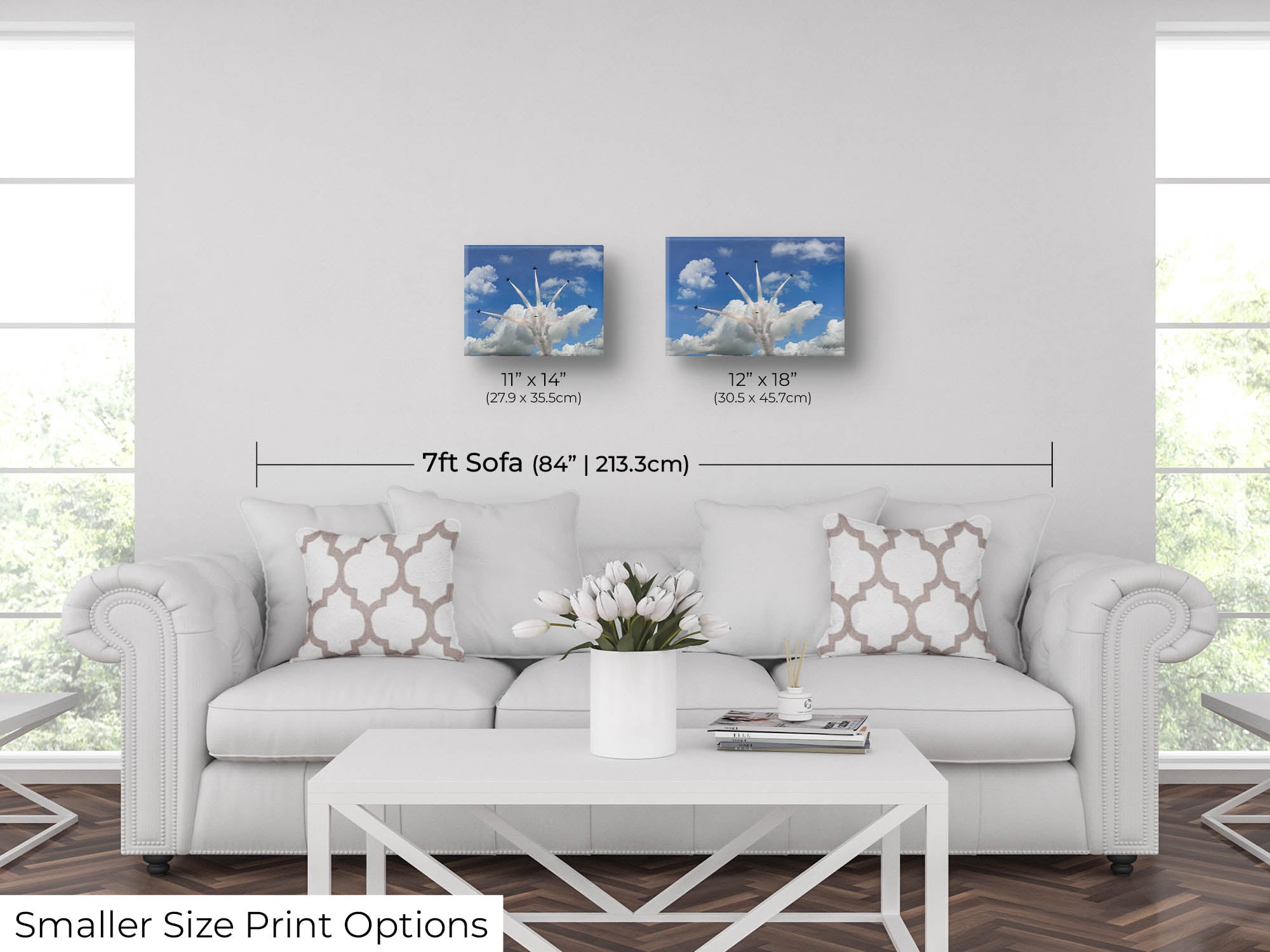 Blue Angels jets delta burst fine art print wall art size mockup showing 11x14 and 12x18 inch prints above a seven foot sofa 