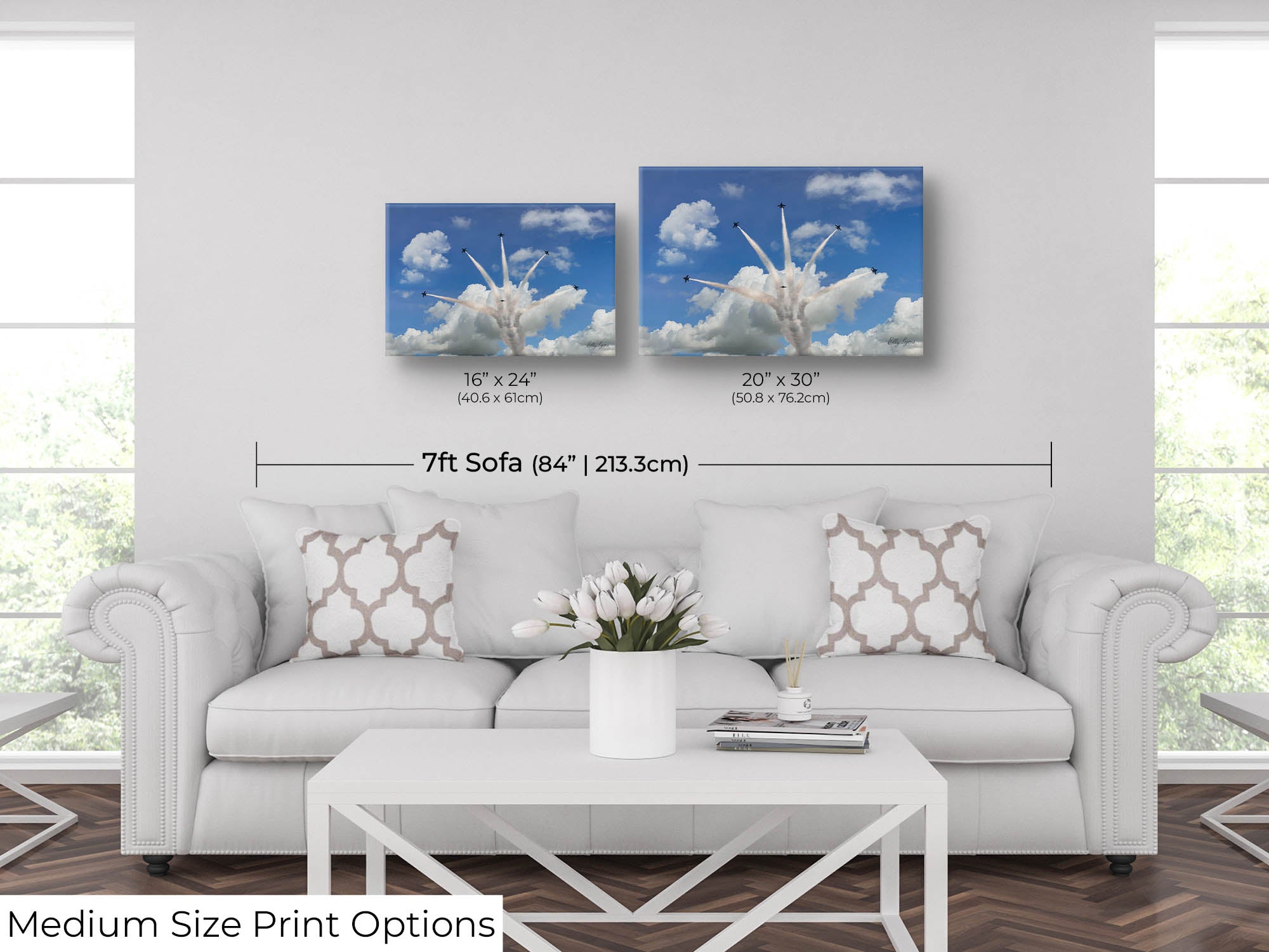 Blue Angels jets delta burst fine art print wall art size mockup showing 16x24 and 20x30 inch prints above a seven foot sofa 