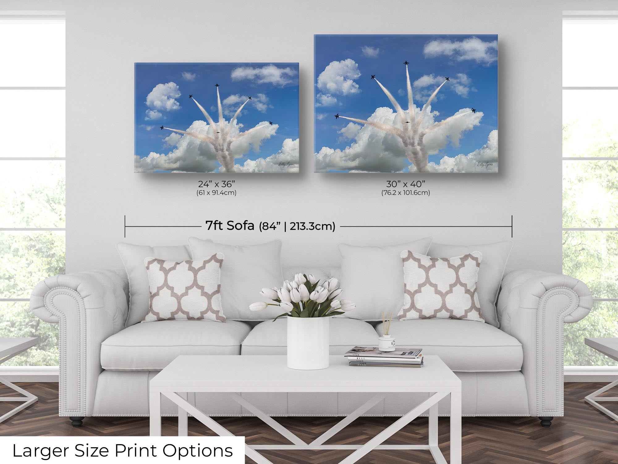 Blue Angels jets delta burst fine art print wall art size mockup showing 24x36 and 30x40 inch prints above a seven foot sofa 
