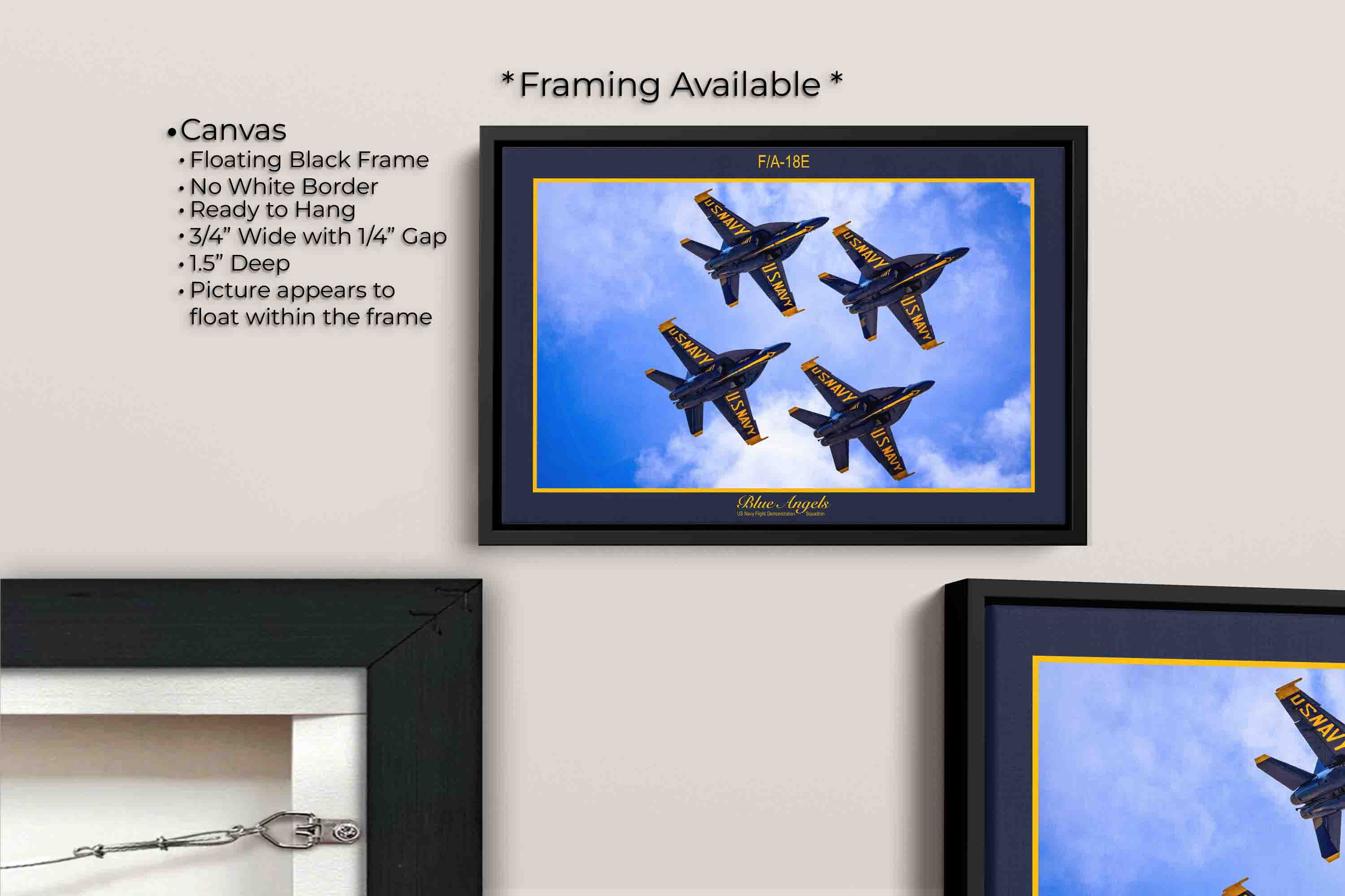 Blue Angels jets diamond pattern fine art print canvas wall art in black float frame, canvas framing option details