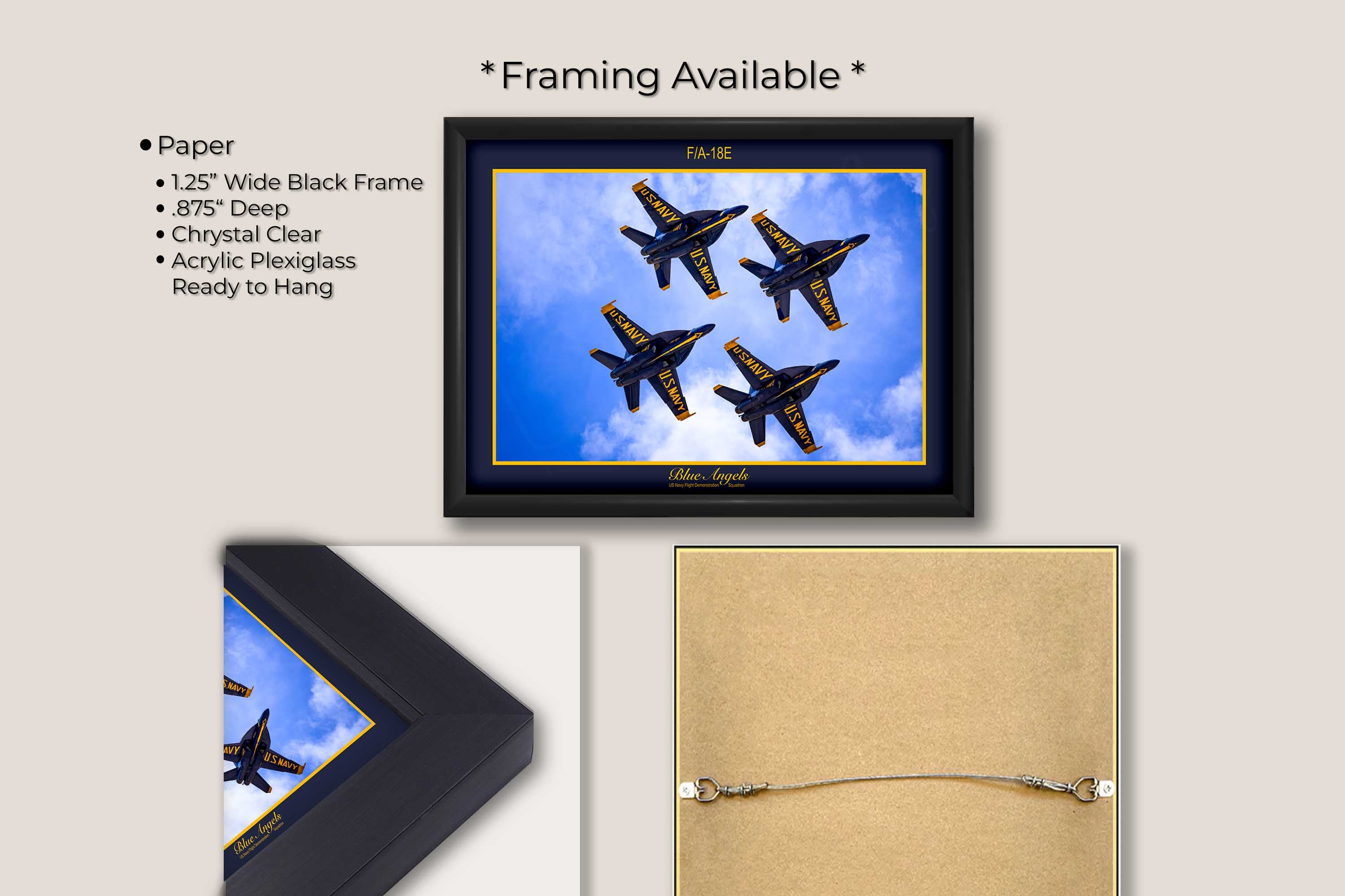 Blue Angels jets diamond pattern fine art print in black frame with white mat, paper and framing option details