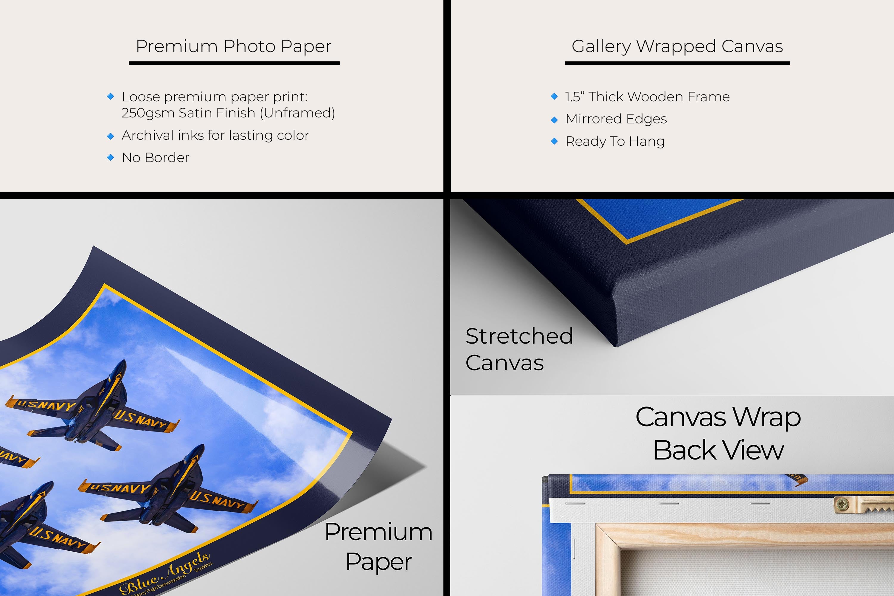 Blue Angels jets diamond pattern fine art print artwork materials mockup showing premium photo paper and gallery wrapped canvas close up