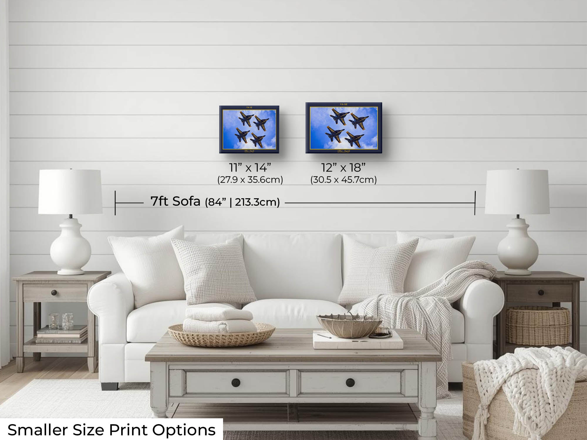 Blue Angels jets diamond pattern fine art print wall art size mockup showing 11x14 and 12x18 inch prints above a seven foot sofa 