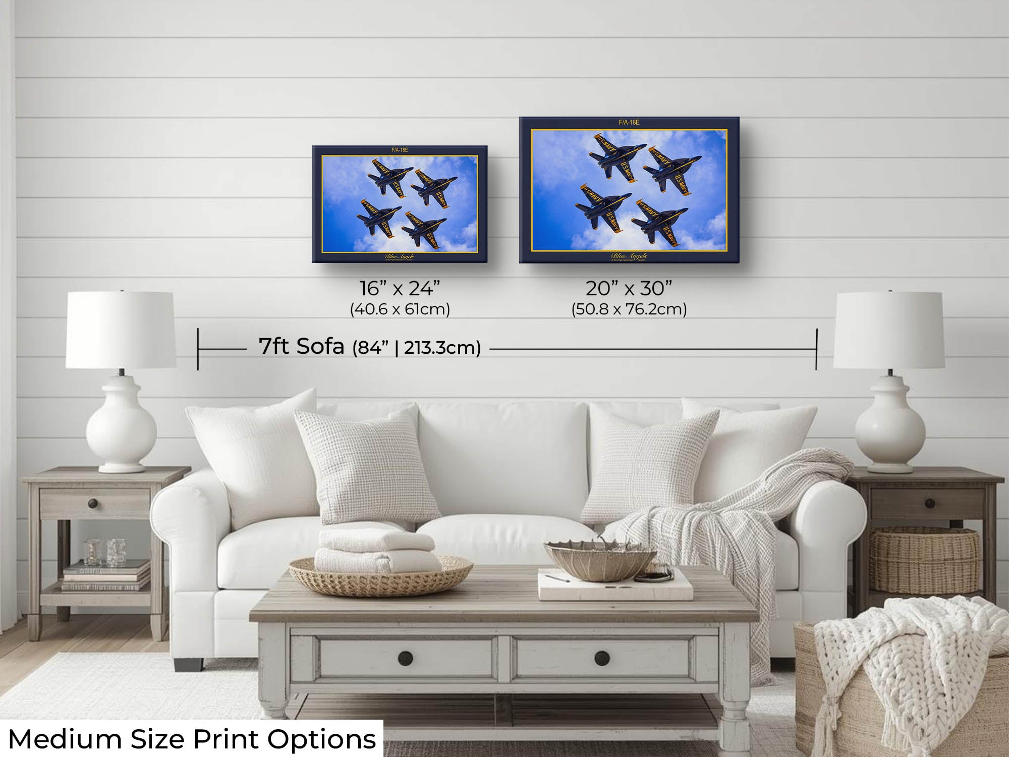 Blue Angels jets diamond pattern fine art print wall art size mockup showing 16x24 and 20x30 inch prints above a seven foot sofa 