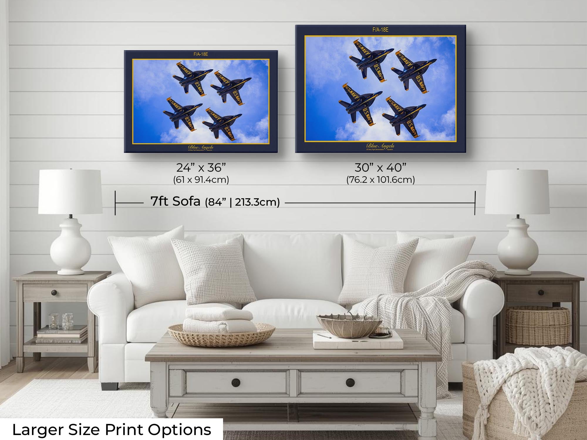 Blue Angels jets diamond pattern fine art print wall art size mockup showing 24x36 and 30x40 inch prints above a seven foot sofa 