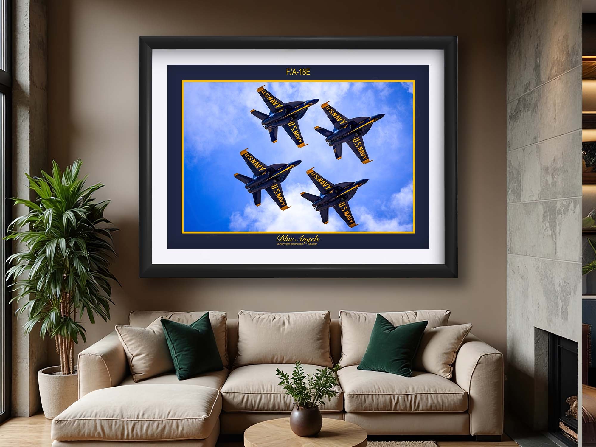 Blue Angels jets diamond pattern fine art print in black frame styled above a sofa in a man cave