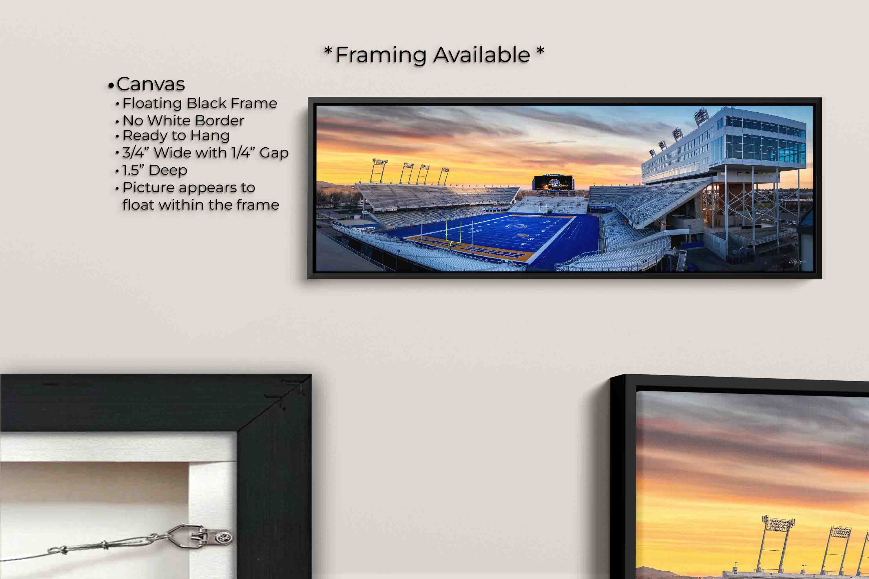 BSU Broncos stadium, blue turf sunset fine art print canvas wall art in black float frame, canvas framing option details