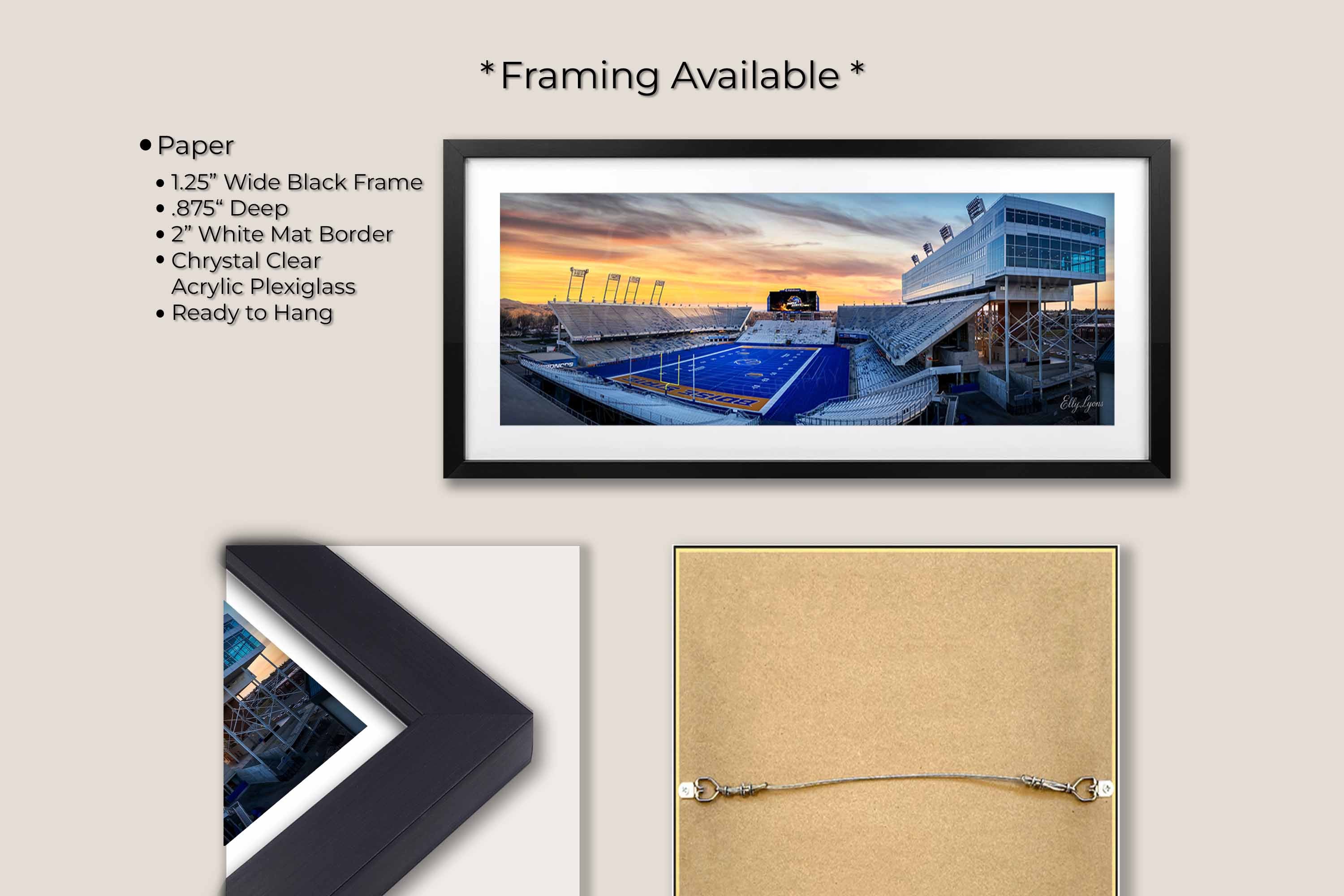 BSU Broncos stadium, blue turf sunset fine art print in black frame with white mat, paper and framing option details