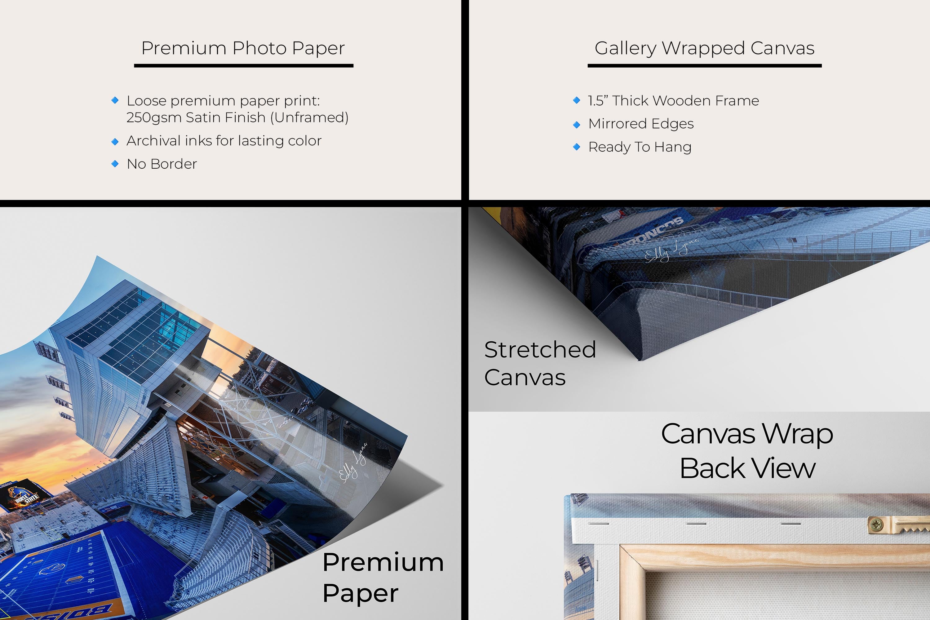 BSU Broncos stadium, blue turf sunset fine art print artwork materials mockup showing premium photo paper and gallery wrapped canvas close up