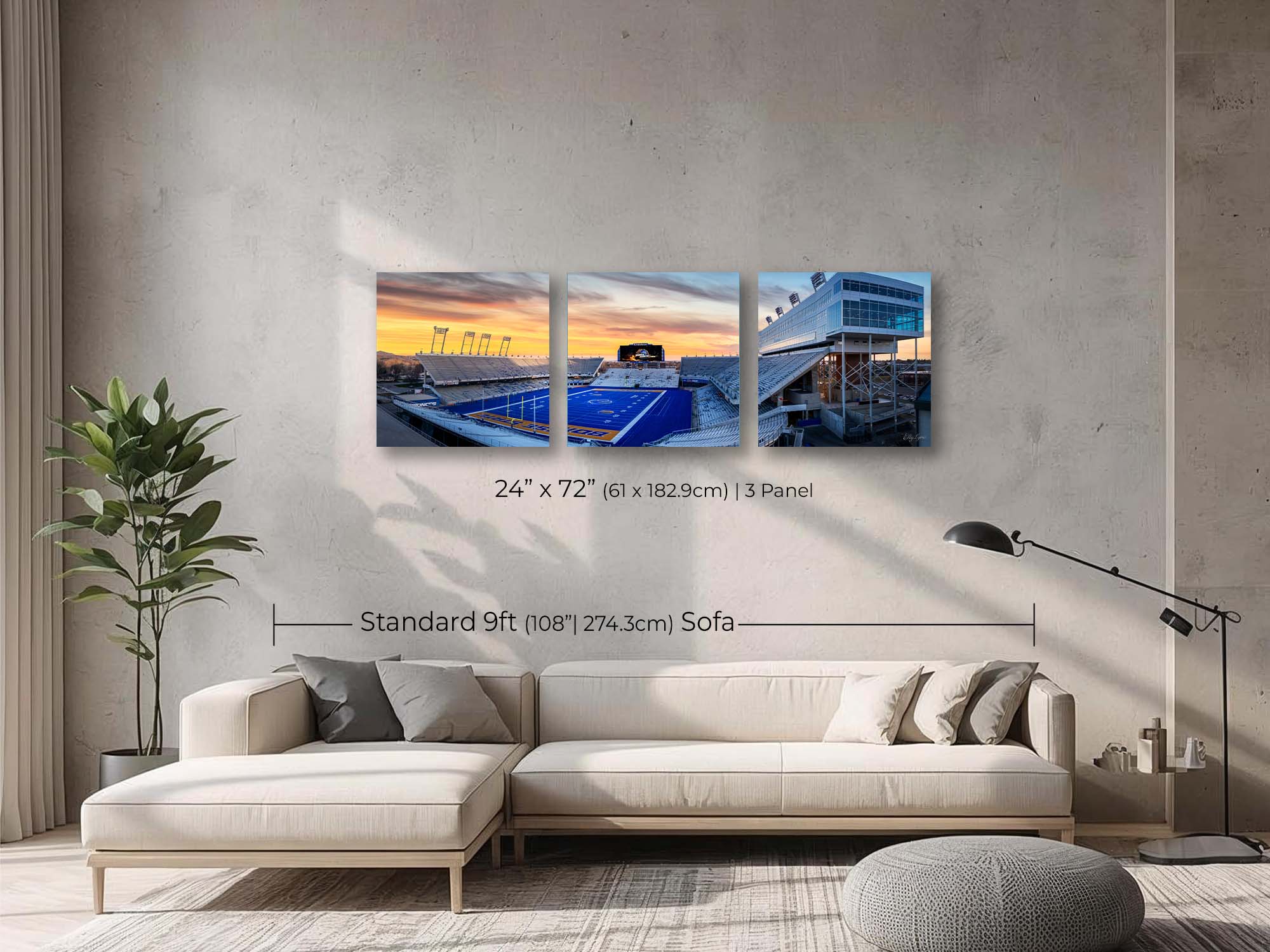 BSU Broncos stadium, blue turf sunset fine art print wall art size mockup showing a 24x72 inch 3 panel print above a nine foot sofa