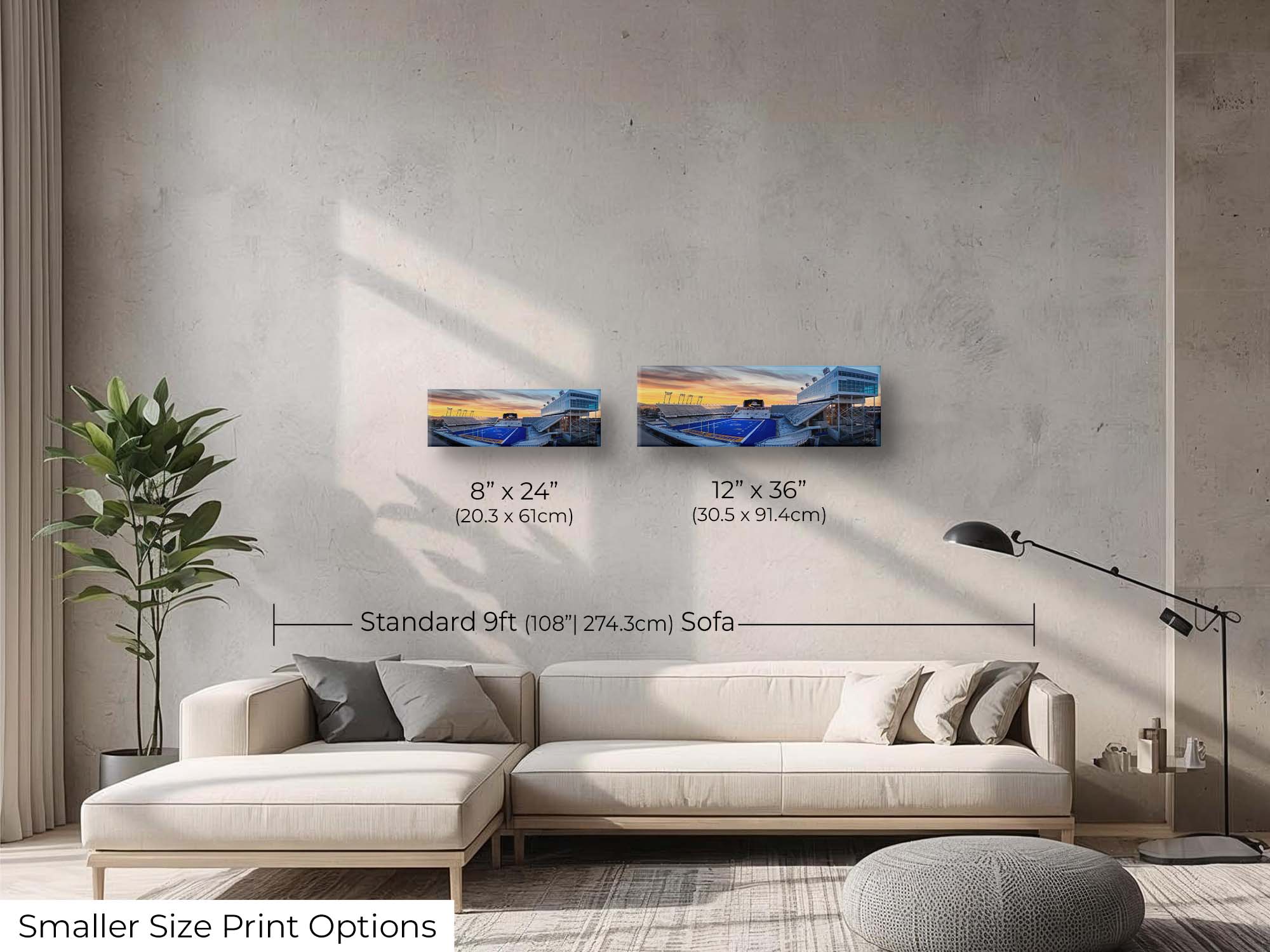 BSU Broncos stadium, blue turf sunset fine art print wall art size mockup showing 8x24 and 12x36 inch prints above a nine foot sofa 