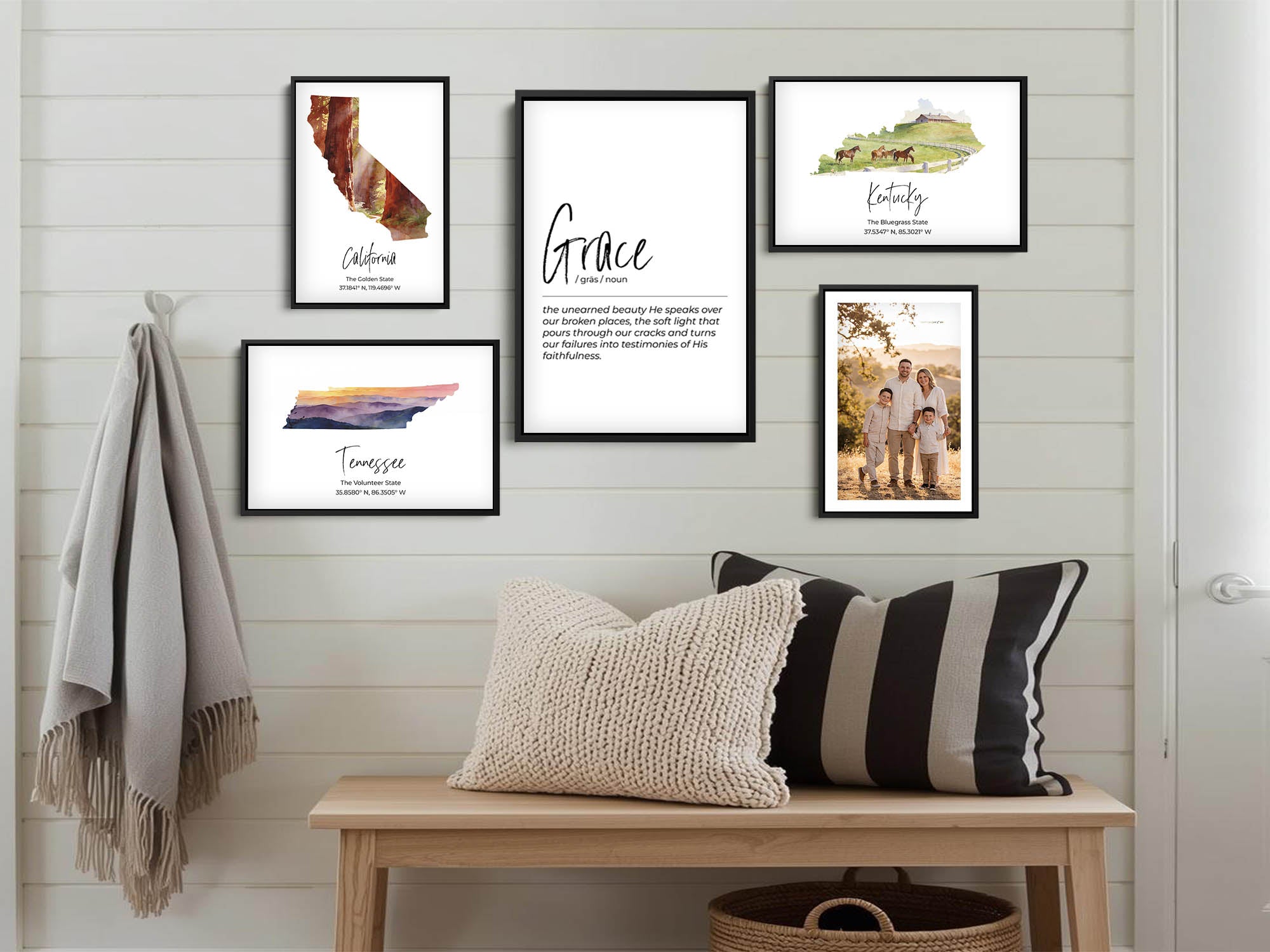 California watercolor state map with redwood forest wall art print styled in a family gallery wall