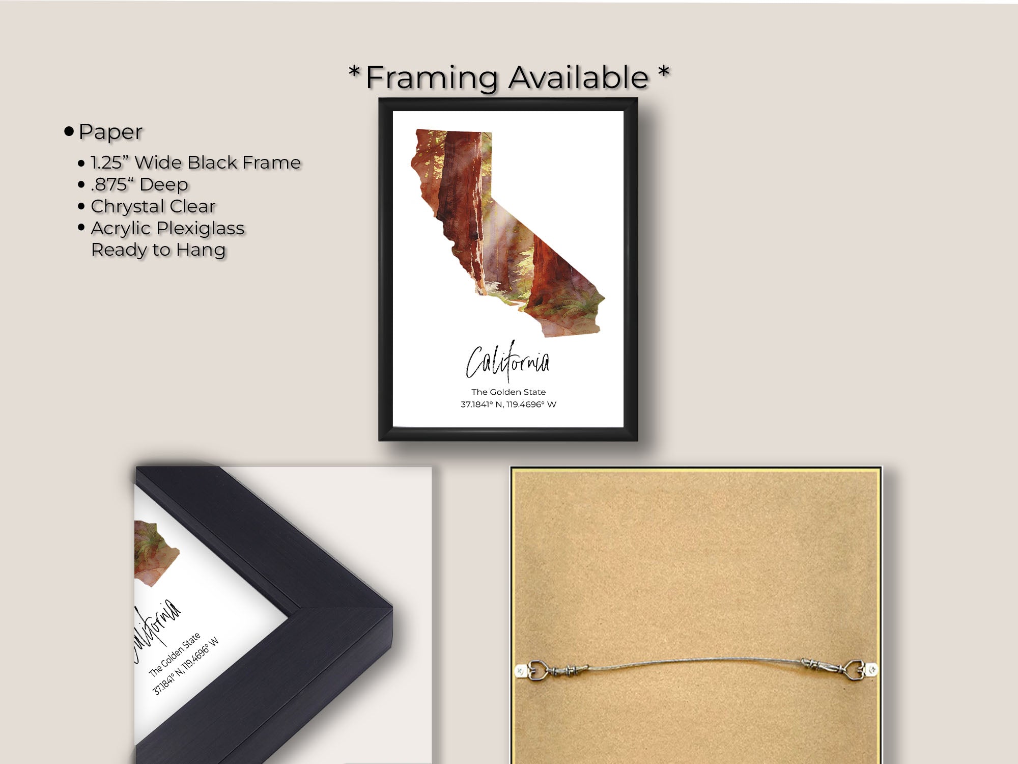 California watercolor state map with redwood forest wall art print in black frame, paper and framing option details