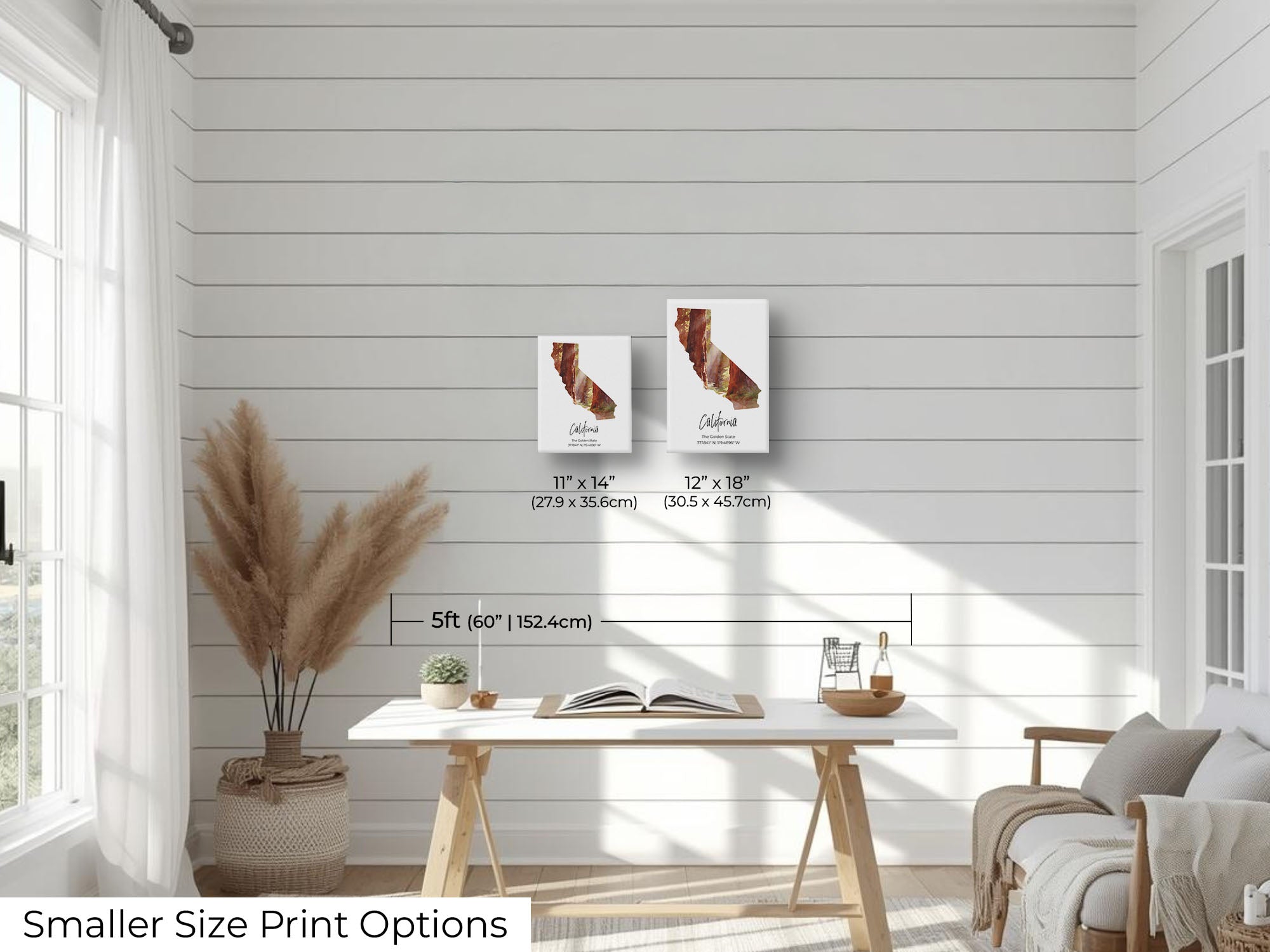 California watercolor state map with redwood forest wall art print wall art size mockup showing 11x14 and 12x18 inch prints above a five foot office desk