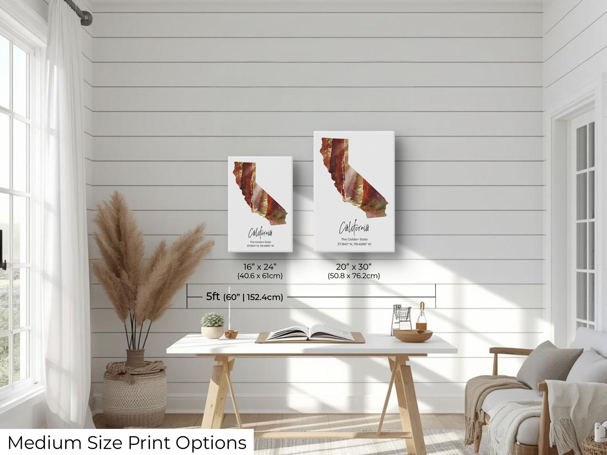 California watercolor state map with redwood forest wall art print wall art size mockup showing 16x24 and 20x30 inch prints above a five foot office desk