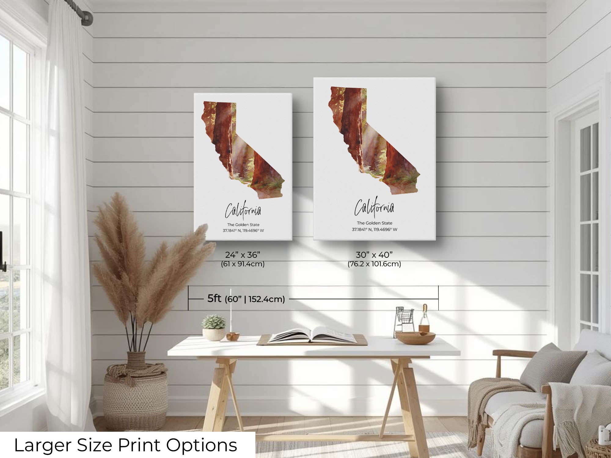 California watercolor state map with redwood forest wall art print wall art size mockup showing 24x36 and 30x40 inch prints above a five foot office desk