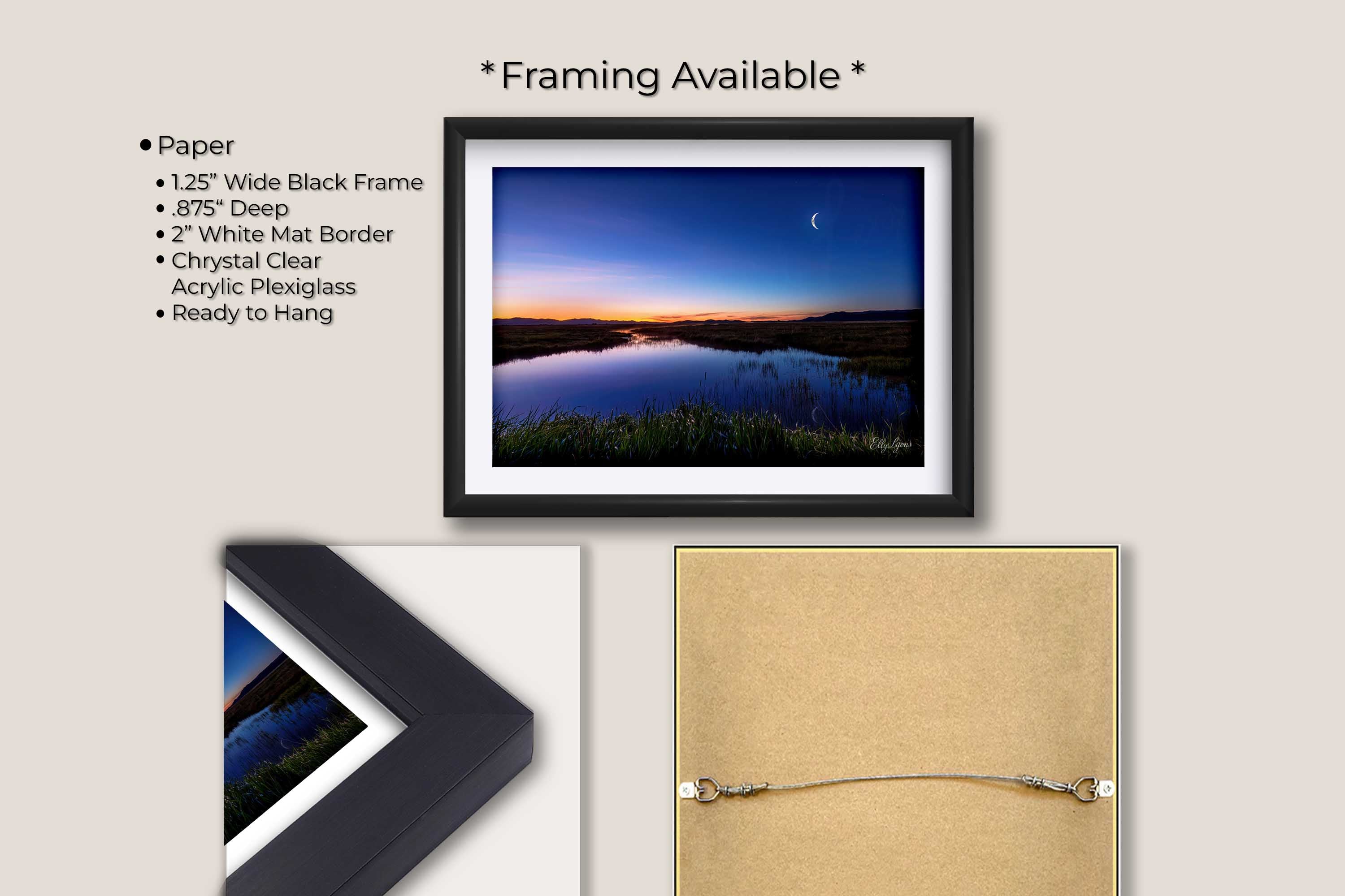 Camas Prairie Marsh in Idaho at sunrise with moon and stars fine art print in black frame with white mat, paper and framing option details