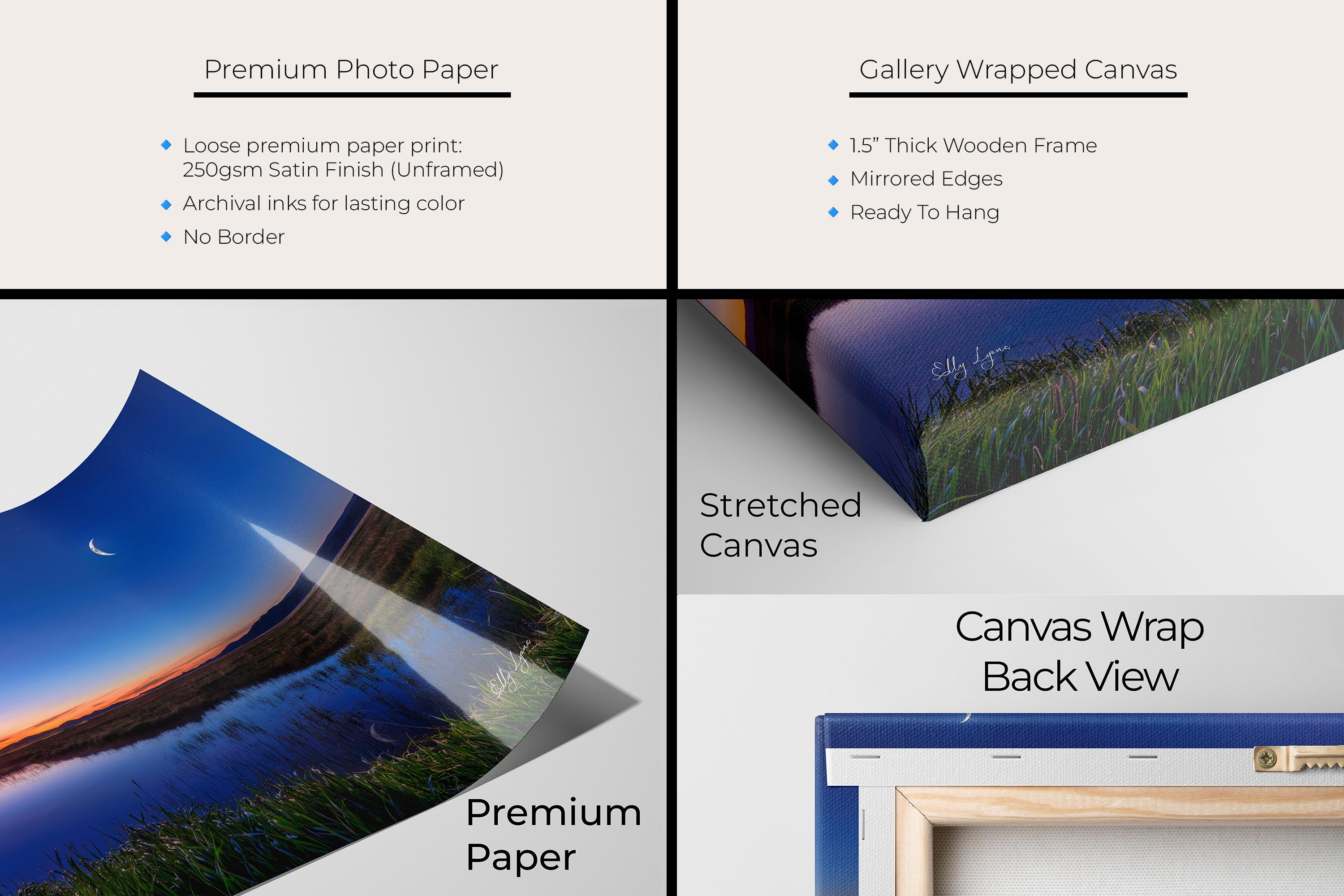 Camas Prairie Marsh in Idaho at sunrise with moon and stars fine art print artwork materials mockup showing premium photo paper and gallery wrapped canvas close up