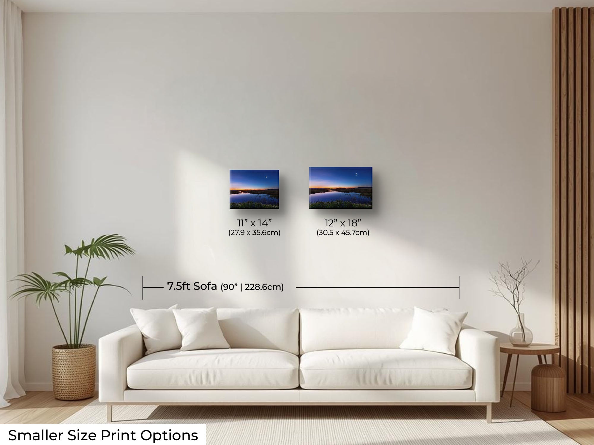Camas Prairie Marsh in Idaho at sunrise with moon and stars fine art print wall art size mockup showing 11x14 and 12x18 inch prints above a seven and a half foot sofa